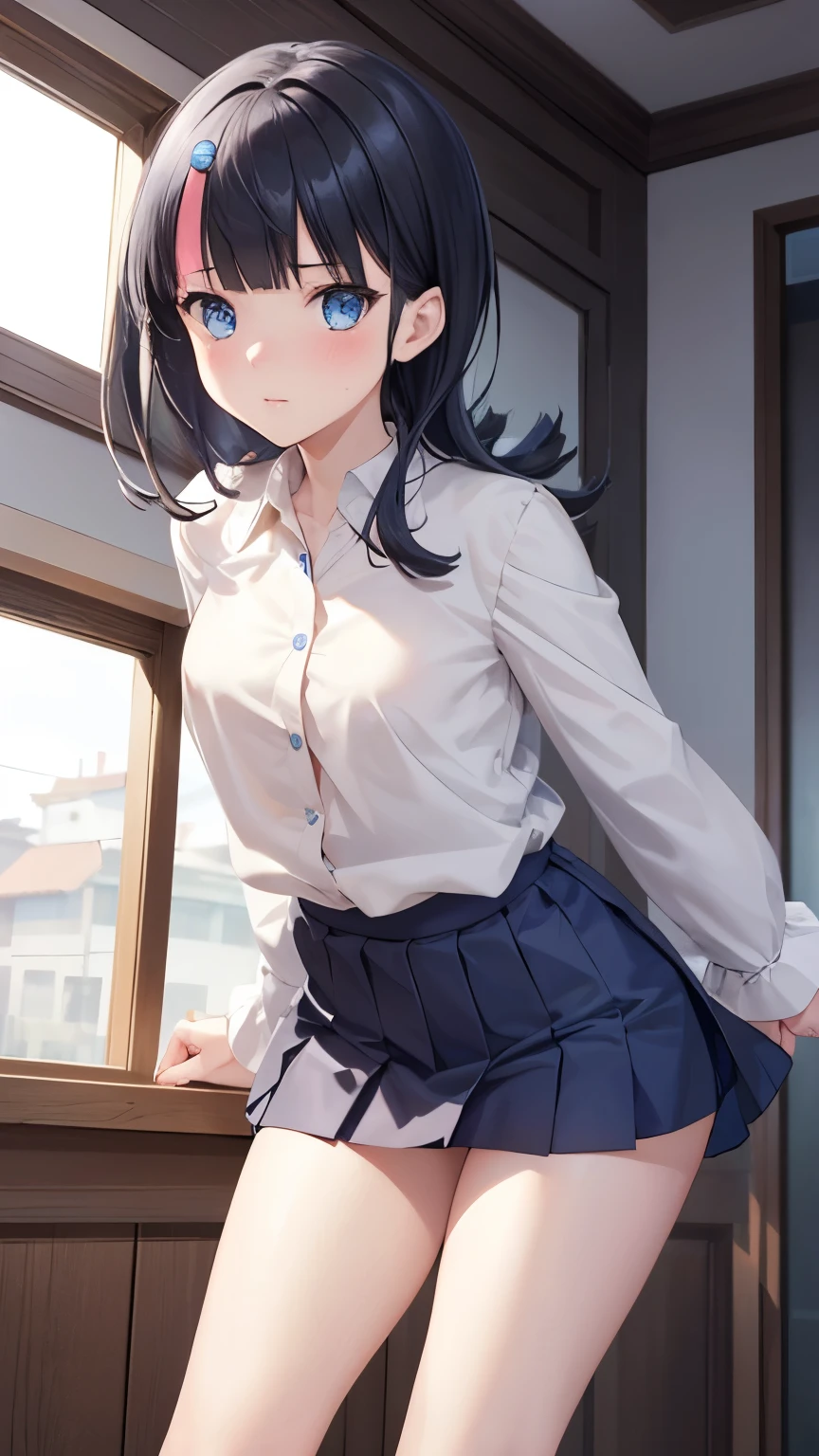 masterpiece, great quality, ultra detail, illustration, game cg, 1girl, solo, (FGOErice), blush, standing, indoors, white button-up shirt, pleated miniskirt, leaning forward, view from below