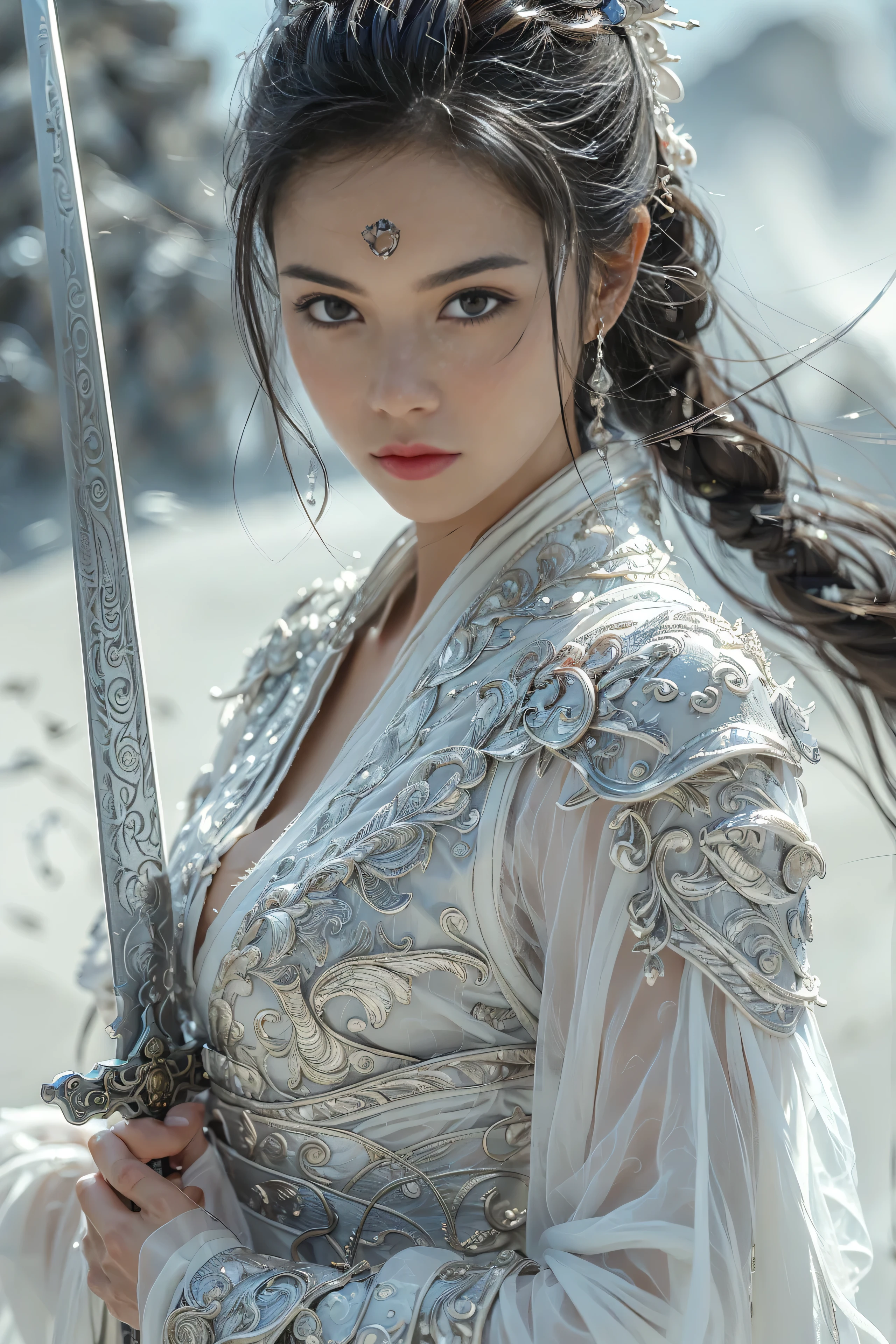 (masterpiece, RAW, 32K, UHD, hyper realistic, best quality), swordswoman,1girl (Beautiful face, supermodel) ,seductive smile, black hair ,blue sky, blurry, brown eyes ,closed mouth ,cloud ,day ,eyelashes ,grey eyes, holding sword, lips ,long hair, looking at viewer, mountain, snow ,solo ,sword ,water, weapon, wind ,winter, sword ,Hanfu, Masterpiece,Game art,The best picture quality,Highest resolution,8K,(Portrait),Unreal Engine 5 rendering works,(Digital Photography),((Portrait Feature:1.5)), 20 year old girl,Short hair details,With long bangs,(The red eye makeup is very meticulous),(With long gray hair:1.4),(Large, full breasts),Elegant and noble,Brave and charming, (Future armor combined with the characteristics of ancient Chinese armor,Hollow design,Power Armor,The mysterious Eastern runes,A delicate dress pattern,A flash of magic),Warrior of the future,Cyberpunk figures,Background of war, Movie lights,Ray tracing,Game CG,((3D Unreal Engine)),OC rendering reflection pattern
