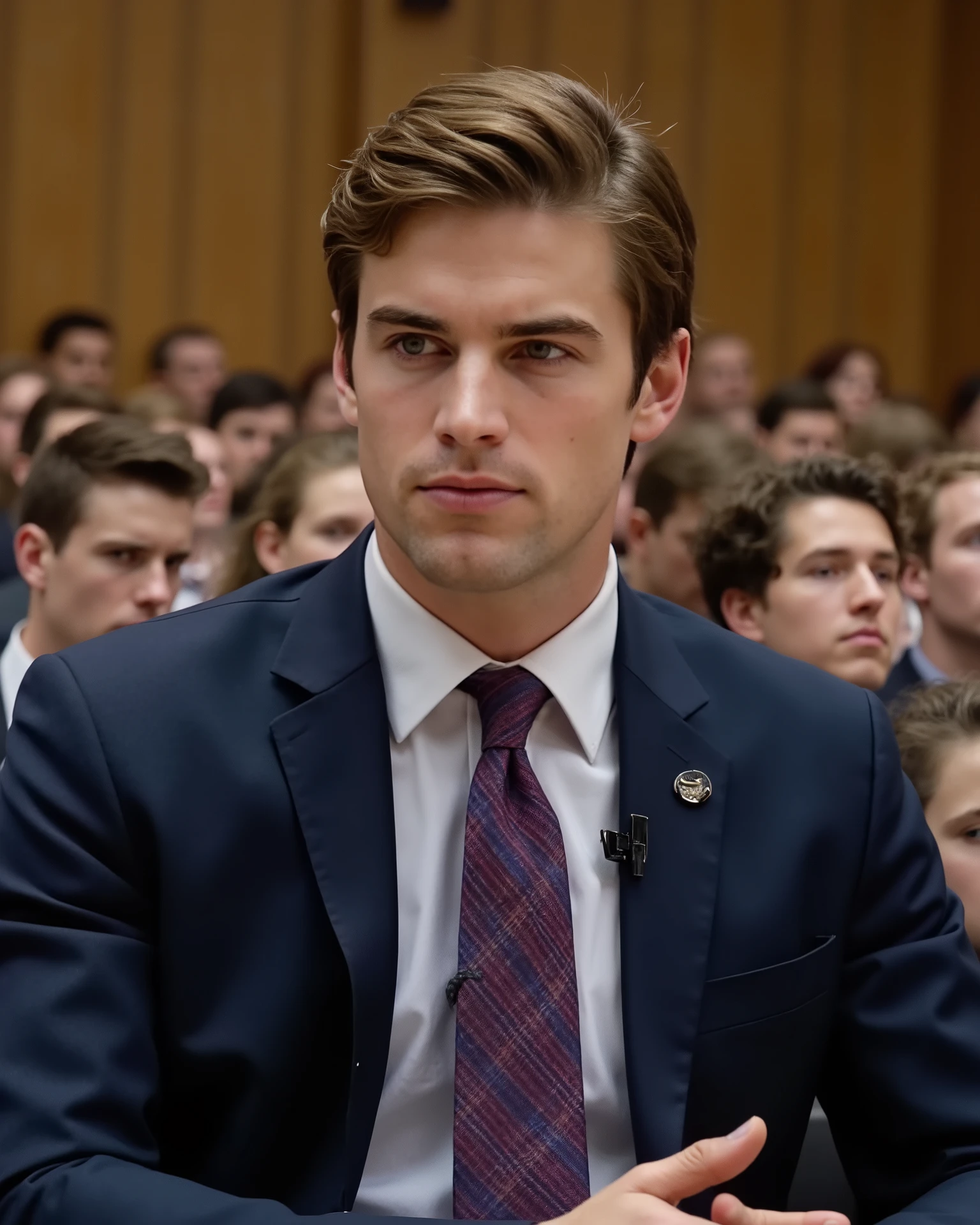 Barron Trump in a navy blue suit with a red and blue striped tie, sitting in a large university lecture hall. He has neatly combed brown hair and a confident, thoughtful expression. The background consists of students seated in rows, engaged in a serious discussion. The atmosphere is intense and intellectual, with a focus on philosophy and debate.