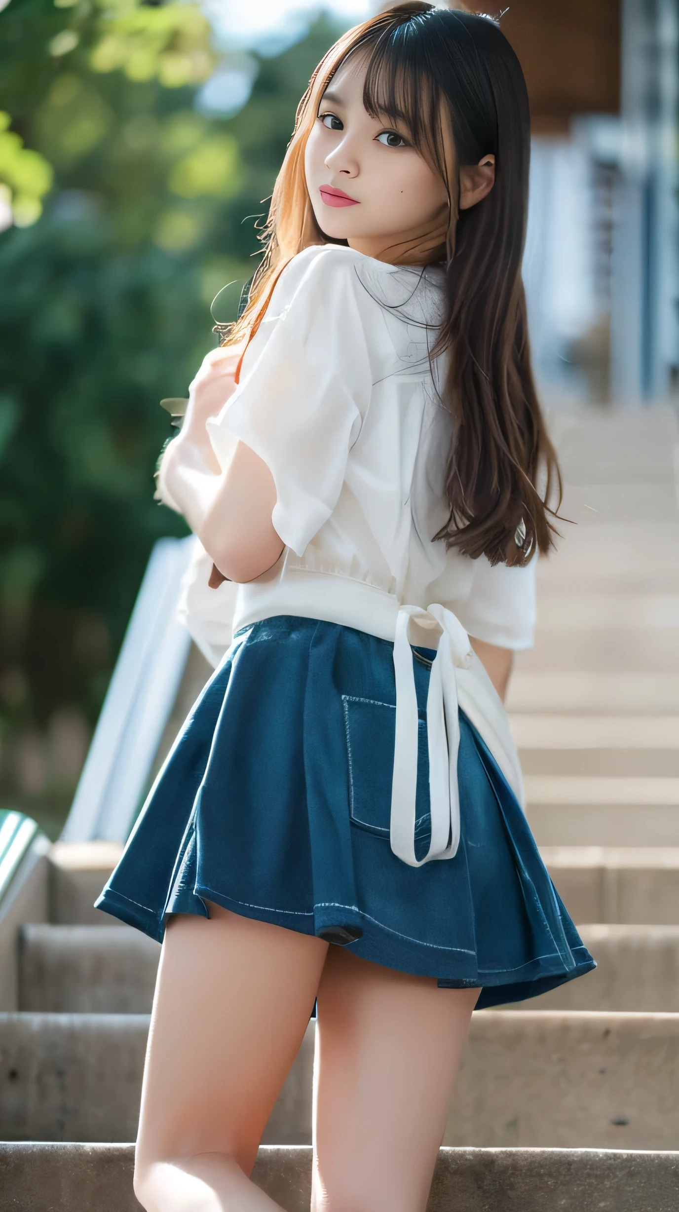 wearing a light blue skirt。