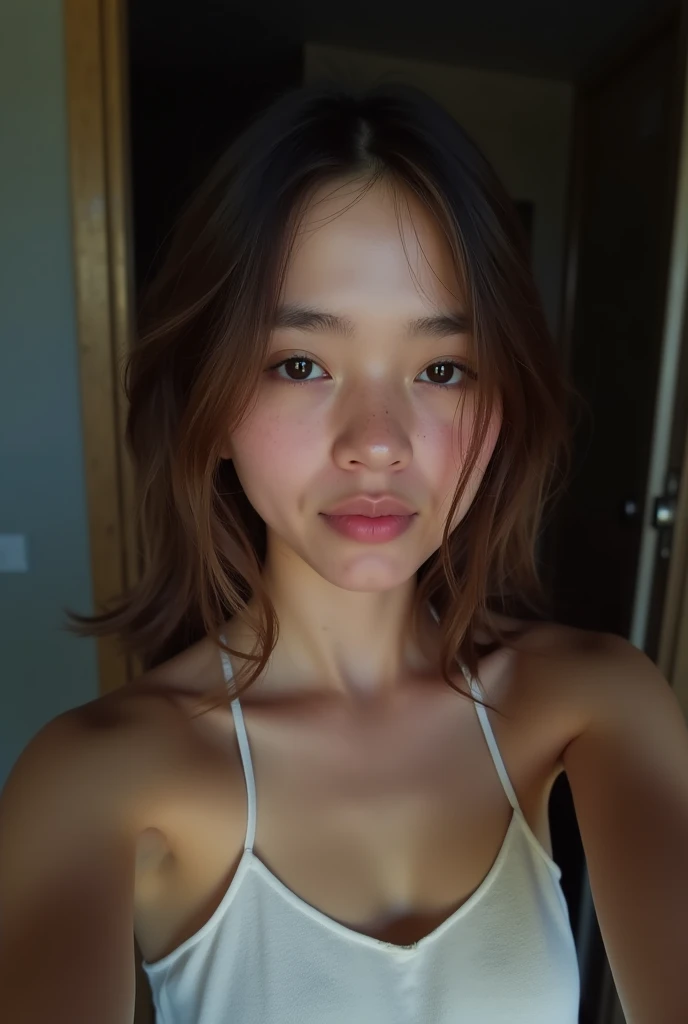 Hong Kong woman in living room, nude, closeup, closeup selfie, sweat, beautiful face, black straight hair, soft lighting, hyper realistic, beautiful body