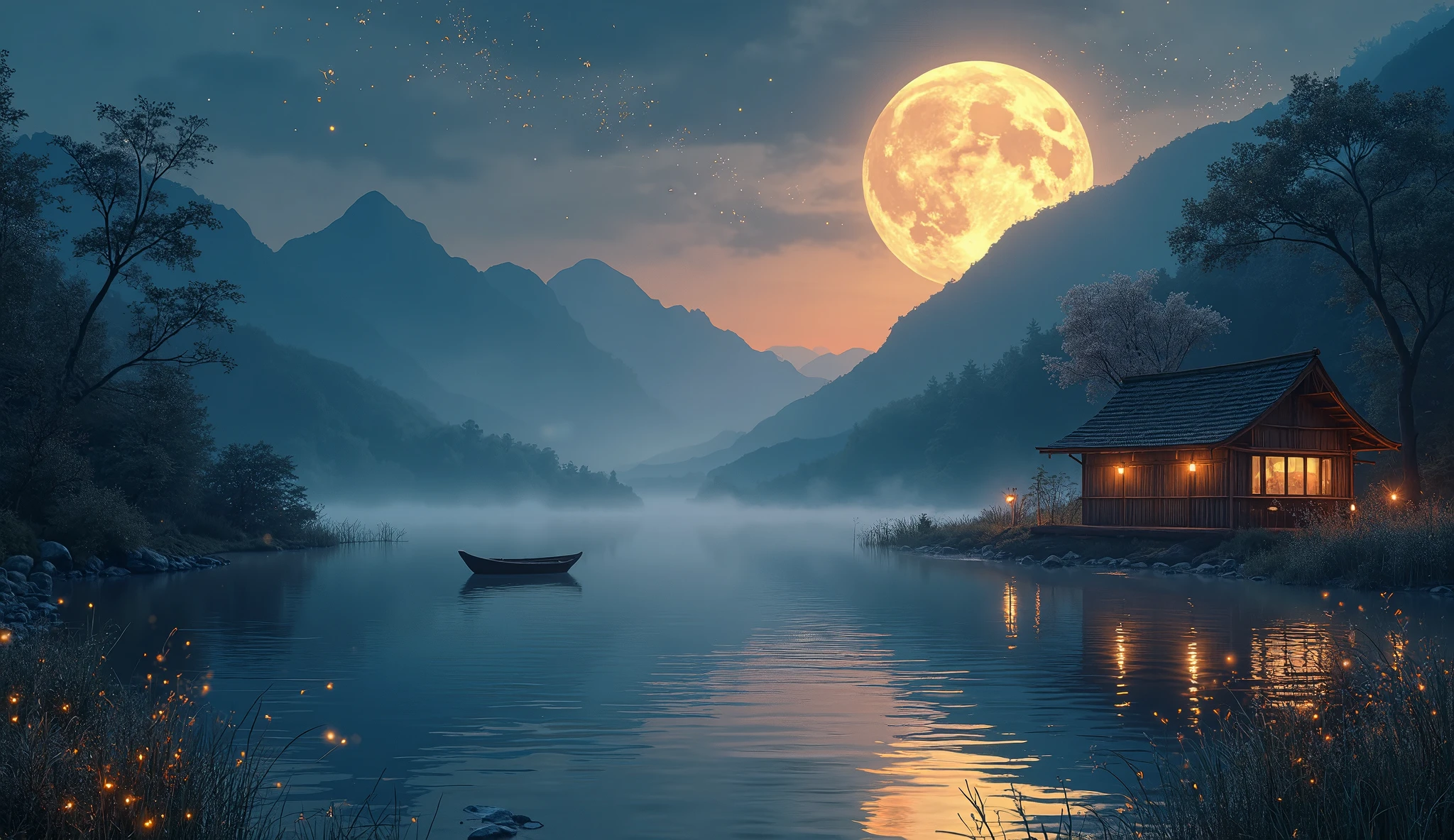 A serene and mystical lake at nighttime, surrounded by misty mountains that reflect on the calm water. The atmosphere is warm and romantic, illuminated by golden and amber moonlight. A rustic bamboo house with softly glowing windows sits near the shore, evoking a sense of quiet solitude. A small wooden boat drifts gently on the lake, its ripples shimmering under the starlit sky. Fireflies dance above the water, adding a magical touch. The air is filled with tranquility, as if time has stopped in this enchanted place. The overall color palette is warm, with soft golden hues blending with deep blues and gentle mist, creating a dreamlike and peaceful scene.