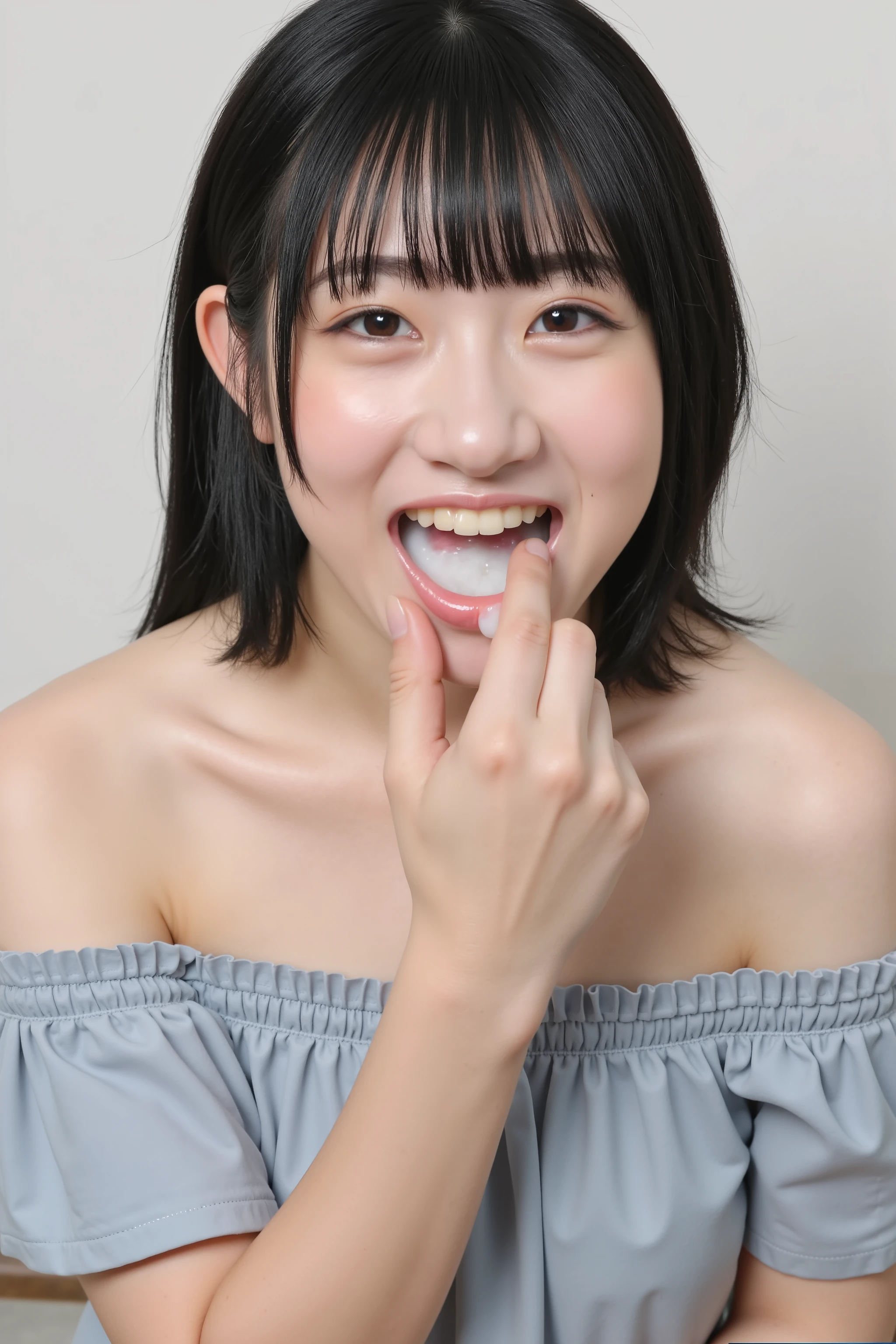 A high resolution photograph of a Japanese young woman in off-shoulder dress, fashion shoot, portrait, upper body, face focus, black hair with bangs, snow-like skin, fine-textured skin, (open mouth wide, white cum in mouth:1.2), fingers brushing own lips, joyful expression, looking at the camera, (front view, view from below), detailed hand, detailed fingers, perfect hand,