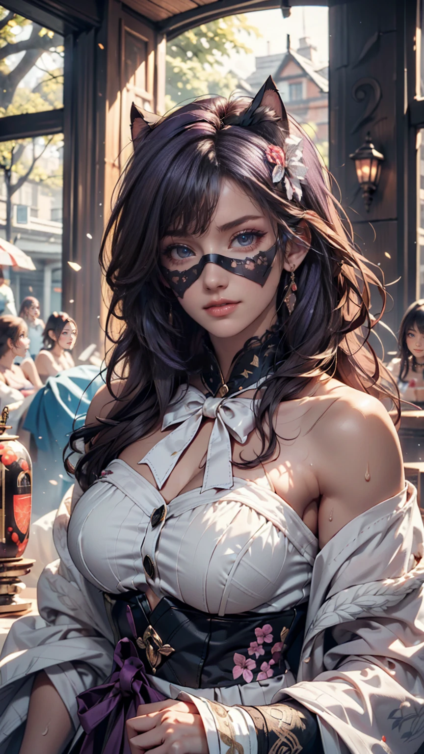 (masterpiece), best quality, expressive eyes, perfect face, Mysterious, glamourous, elegant, Classy, tall female, thick makeup, expensive talking at the market 8k portrait,