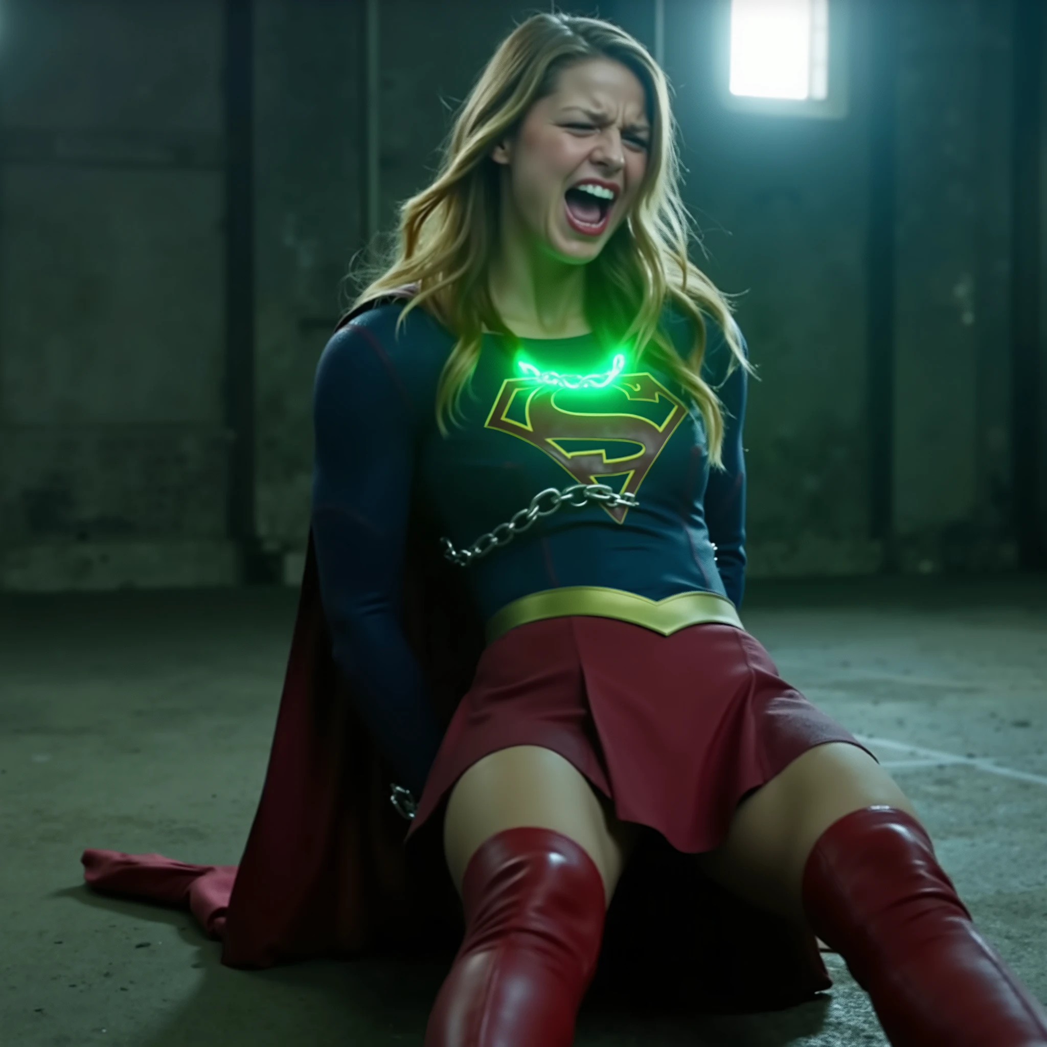 Melissa Benoist as Supergirl, the Supergirl lie flat on the ground, her hands is handcuffed behind her back with chain, a green lighting chain around her neck, She is wearing a Supergirl costume with red skirt, pantyhose and red knee height boots, she is screaming in pain, bright spotlight focus to her body, in the jail,