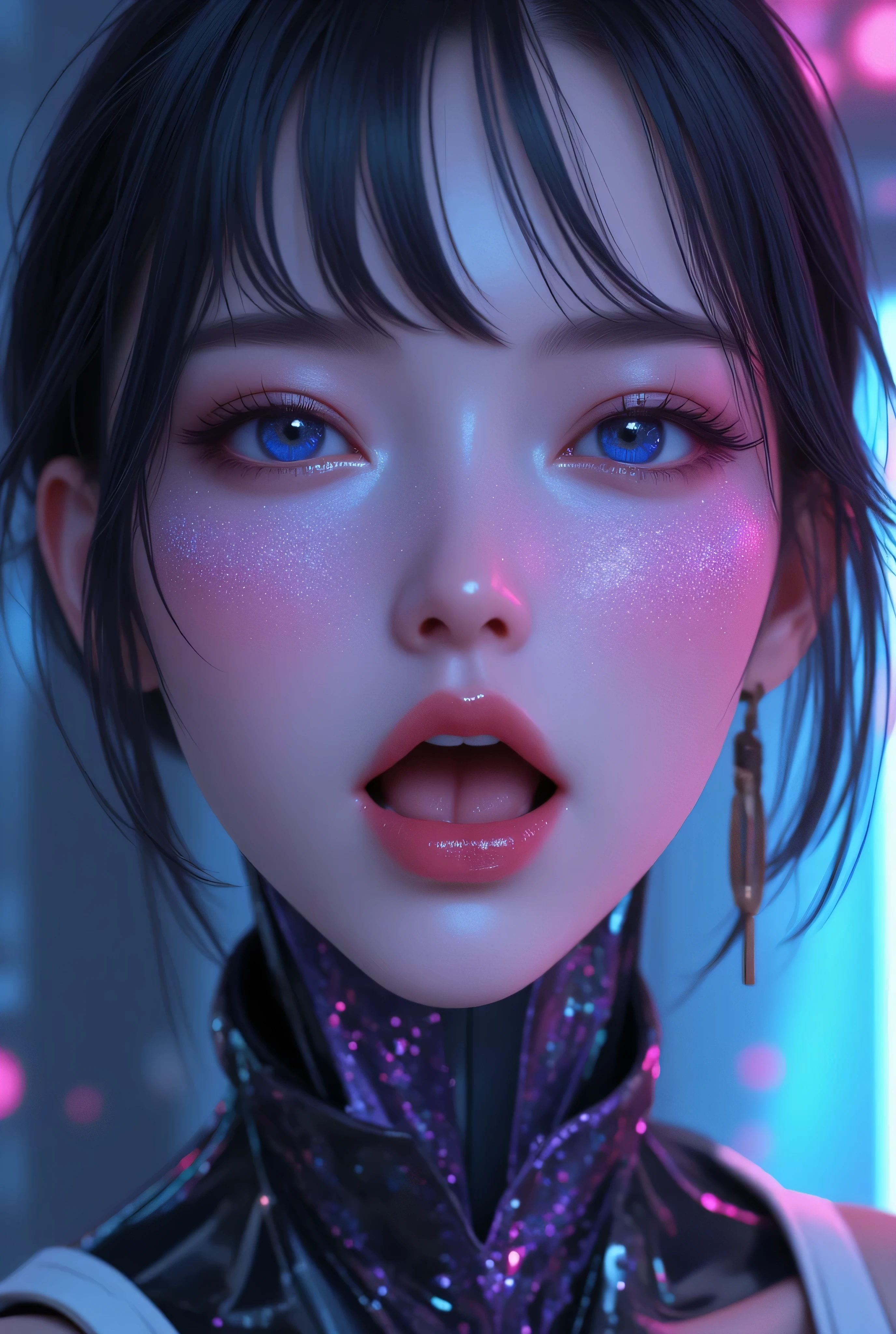 80’s glam rock makeup on shiny pretty Chinese lady android face, anime, 2.5D, Glittery face, moody lighting, (purples, pinks, and blues), iridescent face, abstract ai model, pretty, sexy, minimal, sleek, slender, asian, elegant, chic, futuristic, retro, sophisticated half human half machine, close up face portrait, mouth open wide, ((((ahegao)))), half-closed eye,