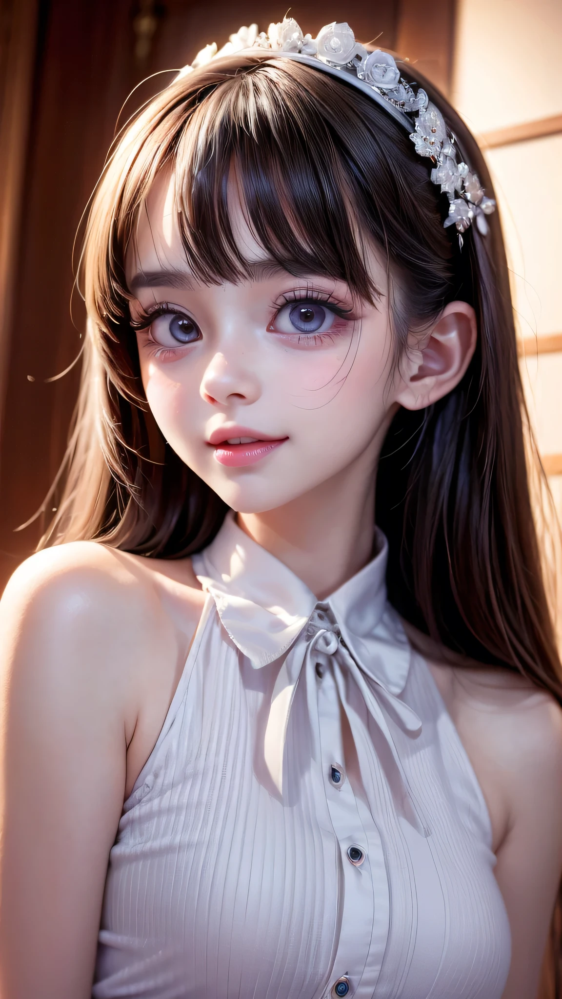 ( masterpiece, top quality, top quality, OFFICIAL ART, Beautifully、Midea:1.2, Cinema Lighting、45 degree forward key light , Grant Light、 Soft Backlight ),
beautiful face、bright eyes、Length of eyelashes、
1 girl、 alone、
Yan Foto、、 beautiful girl、Beautiful face drawn in detail、The skin is very beautiful and white、My lashes are very long、 eye is too big 、My eyes that are too big have a sharp vertical opening:2.4、 Eyes bigger than anime characters :2.4、The eyeballs are very big:1.8、The nose and mouth are very small、high nose、People are very short、The bridge of the nose passes clearly、Thick, plump lips、 pink lipstick、very compact from nose to chin:1.2、jaws are very small and compact、The corners of the mouth are raised nicely、So cute 、 Idol 、 open your mouth、smile、I can see 8 beautiful white teeth、portrait、Beautiful face drawn in detail taken from neck to face