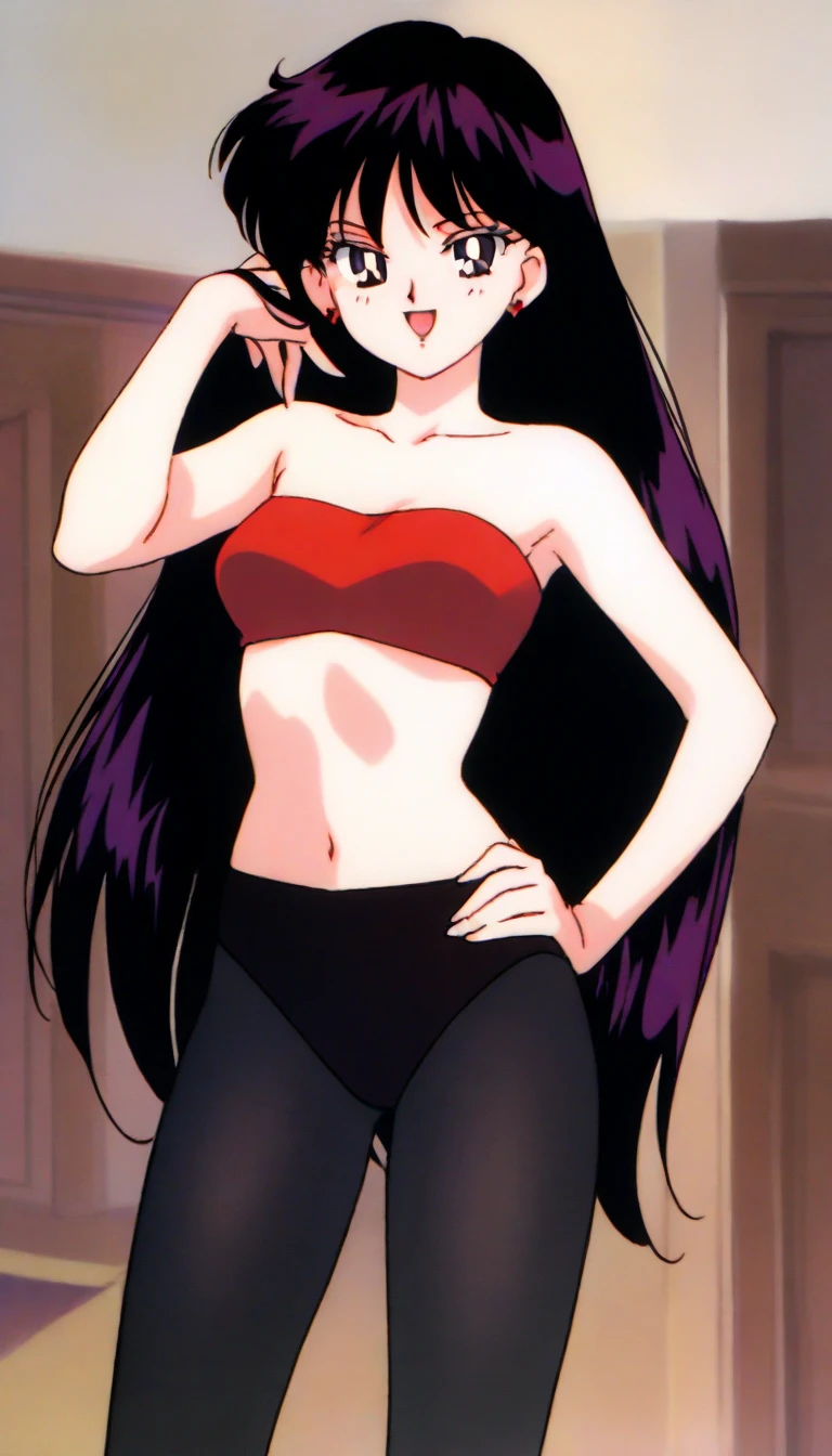 high tail hairstyle, Ponytail hairstyle, Long wavy black hair, standing posing, anime girl style, pixel art anime style,penetrating look with deep eyes,red and purple eyes, hair with a ponytail hairstyle trapped with a big red bun, Women, red hair clips, x color shaped hair clips , smiling face blush,