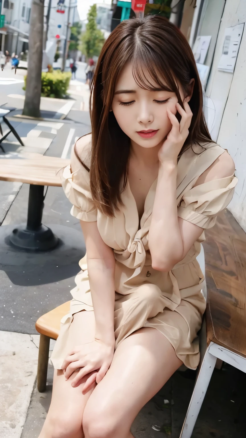 1 Girl,Coffee Shop,Soft Light,Chinese Beauty,Tight Fit,Dress,Dark-haired,Length of hair