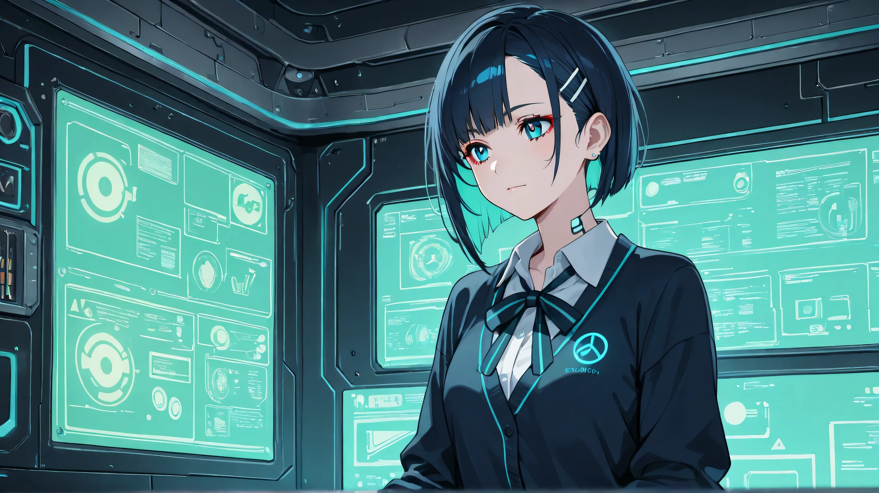 Masterpiece, Best Quality, Top Quality, Very Detailed, A young girl with dark blue twin-tailed hair and a futuristic school uniform is deeply focused on assembling a small robotic companion at her high-tech workstation. The dimly lit cyberpunk-style room is illuminated by the glow of holographic screens and neon green interface panels. The atmosphere blends advanced AI technology with a cozy, late-night tinkering session, evoking a mix of warmth and cutting-edge innovation.