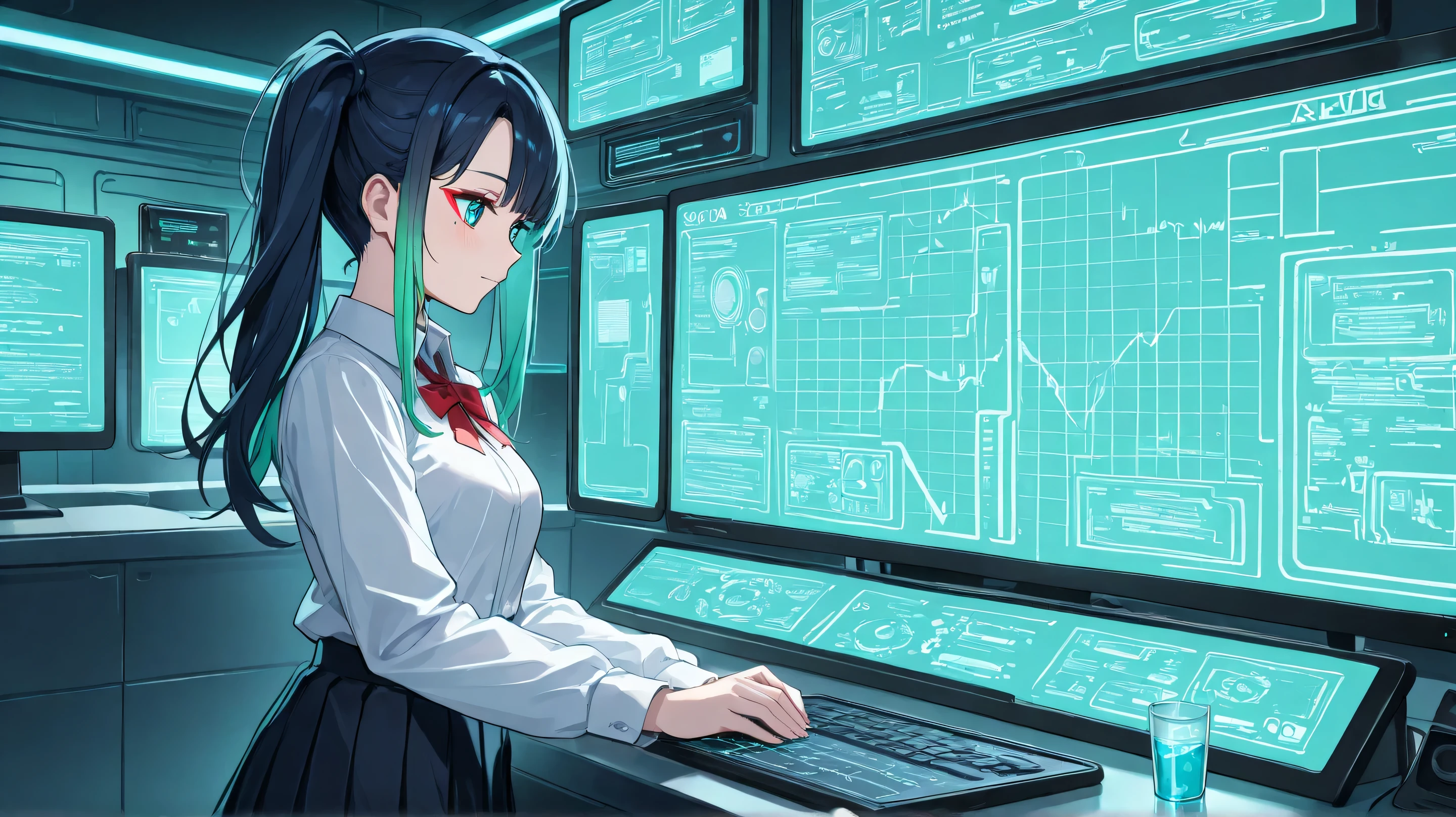 Masterpiece, Best Quality, Top Quality, Very Detailed, A young girl with dark blue twin-tailed hair and a futuristic school uniform is deeply focused on assembling a small robotic companion at her high-tech workstation. The dimly lit cyberpunk-style room is illuminated by the glow of holographic screens and neon green interface panels. The atmosphere blends advanced AI technology with a cozy, late-night tinkering session, evoking a mix of warmth and cutting-edge innovation.