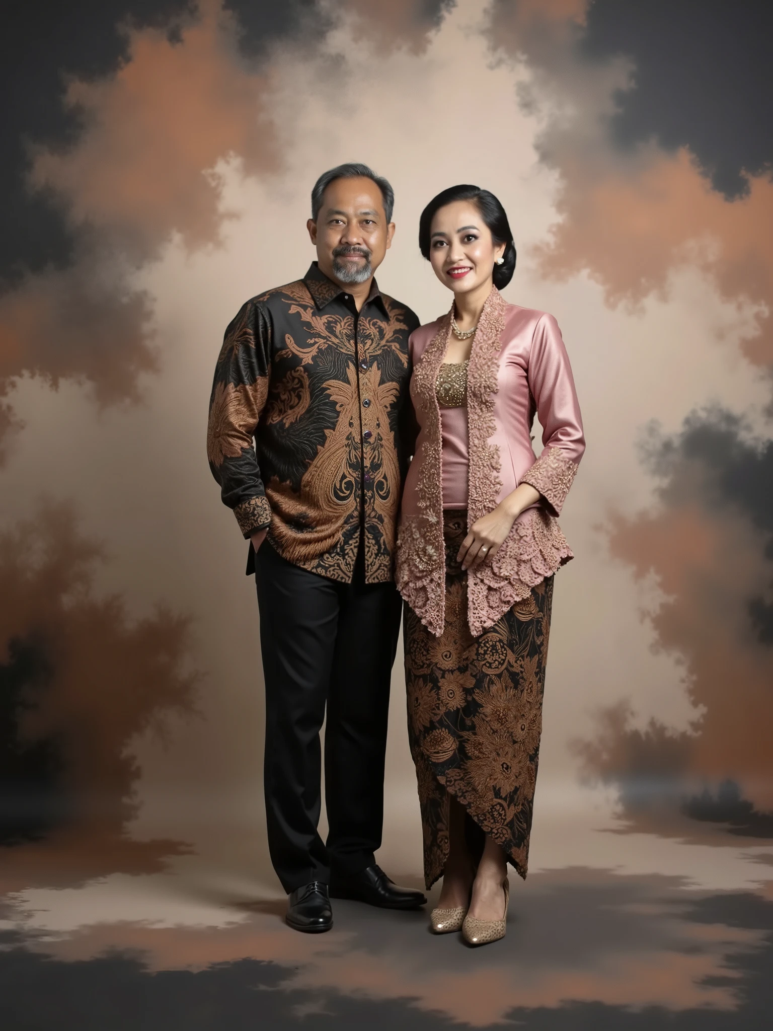 A portrait of an elegant couple wearing traditional Indonesian attire with a modern touch. The man aged 60 is dressed in a long-sleeved batik shirt in black and brown with intricate classic patterns, paired with black trousers and formal shoes. The woman aged 60 wears a soft pink lace kebaya with luxurious embroidery details, paired with a batik skirt in matching tones. They stand confidently, displaying warm smiles. The background is in studio photography designed abstractly with soft color gradients and a smoky effect, creating an artistic and modern atmosphere that enhances the elegance of this portrait.