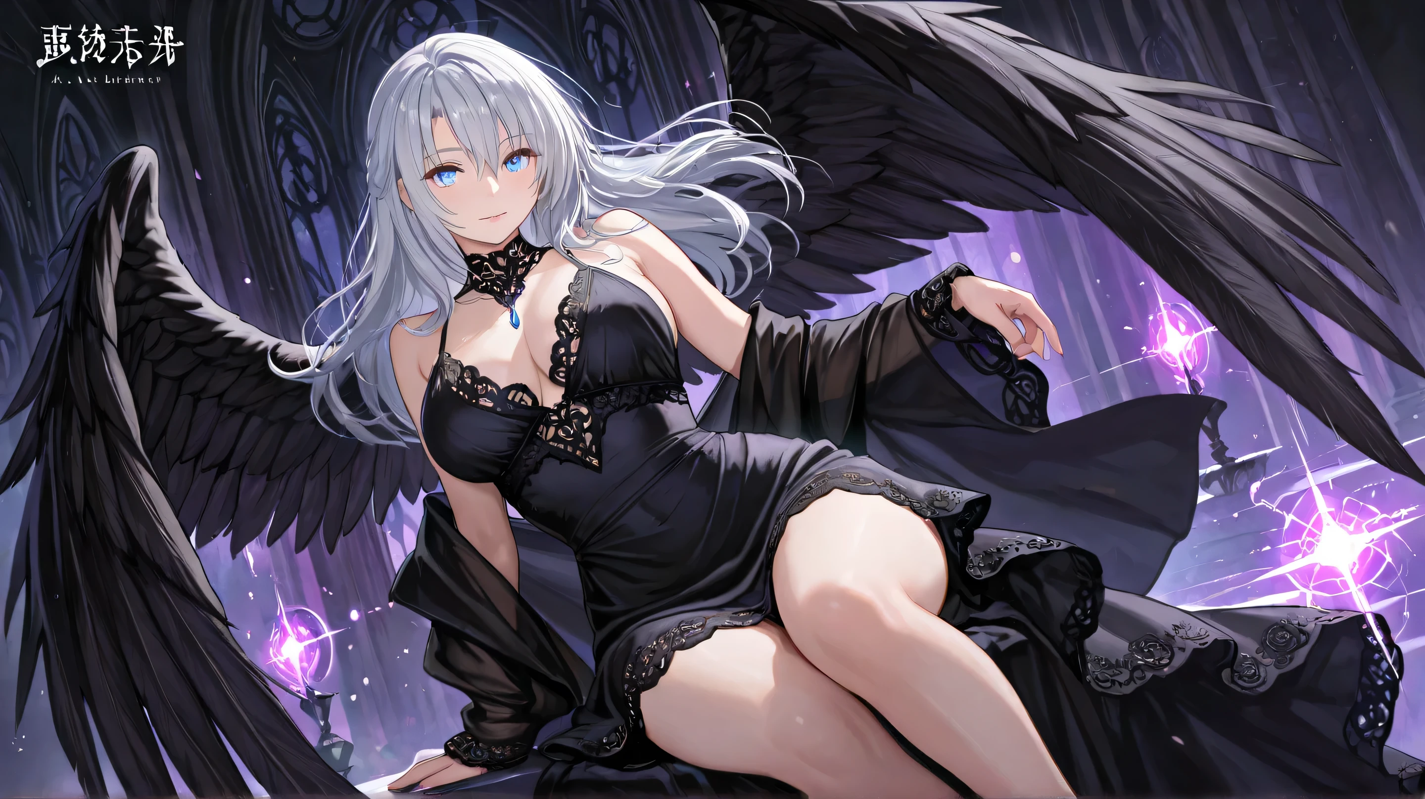 Masterpiece, Best Quality, Top Quality, Very Detailed, A beautiful dark angel with silver hair, deep blue eyes, and majestic black wings. She wears an elegant black lace dress, exuding mystery and allure. Soft glowing light enhances the ethereal, fantasy atmosphere. Highly detailed, semi-realistic art style.