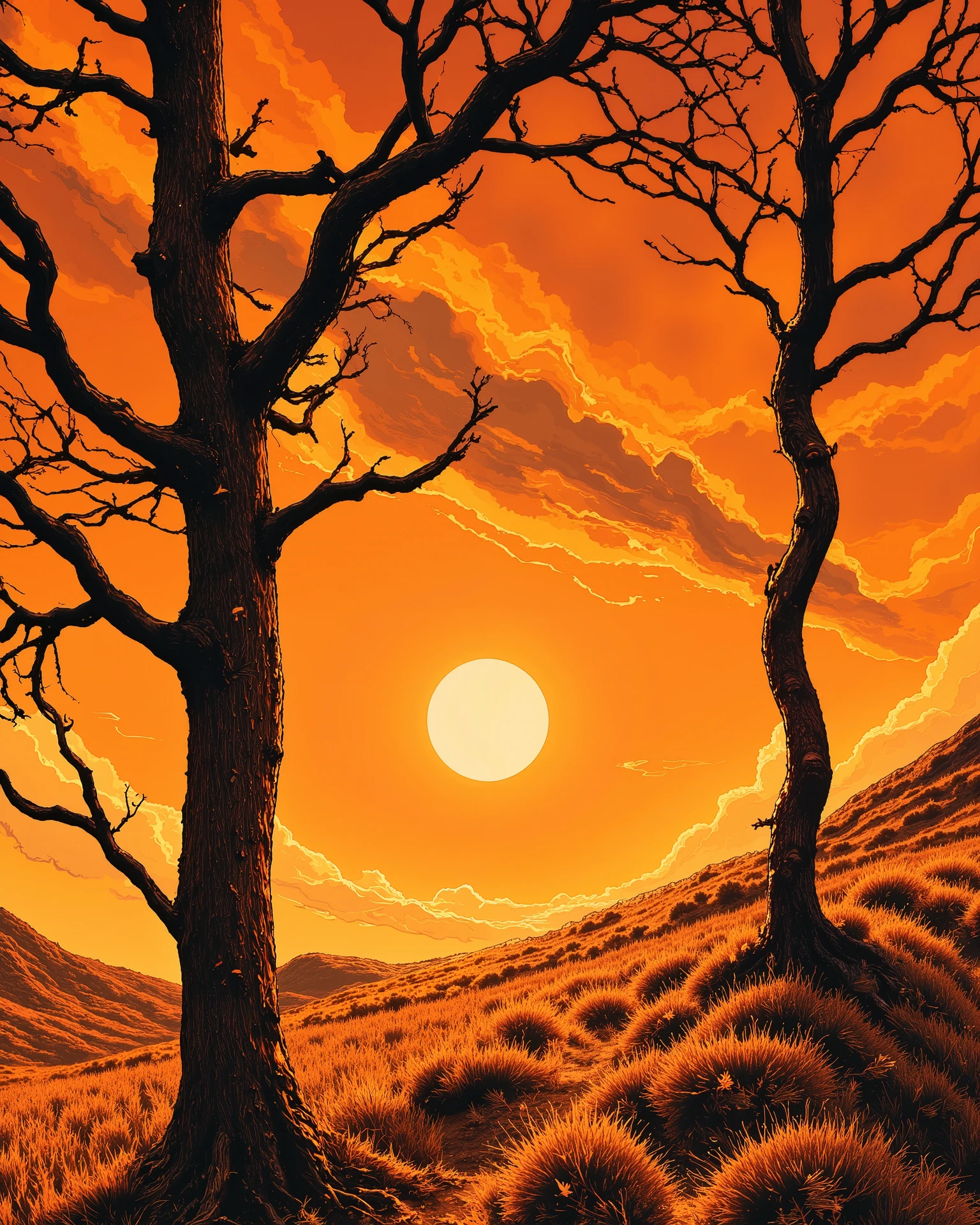 A breathtaking sunset landscape with two leafless trees standing against the glowing orange sky, their intricate branches forming a silhouette. The golden sun is setting between them, casting long, soft rays over the grass. The sky is filled with scattered, wispy clouds reflecting warm hues of orange, red, and yellow. A peaceful, serene atmosphere with distant hills fading into the horizon. Cinematic lighting, ultra-detailed, high resolution, stunning digital painting."