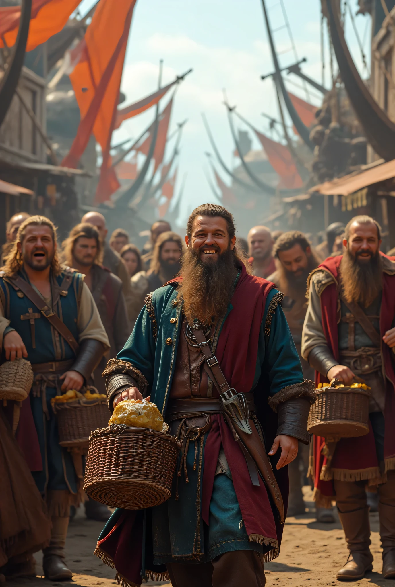 **Prompt:** Create a visually stunning and hyper-realistic panoramic scene using Unreal Engine 5, showcasing a vibrant Viking medieval port landscape. The composition should be symmetrically balanced, featuring groups of smiling Viking pirates joyfully engaging in trade bussiness, while carrying baskets filled with realistic trade goods. Emphasize the trading life economic atmosphere, capturing the essence of a bustling port scenery with intricate details. Implement a panoramic wide-angle shot that provides depth and perspective, with central leading lines drawing the viewer's eye to the heart of the trading activity. Utilize mixed lighting to enhance the mood and ambiance, and ensure lifelike textures and details on all elements, especially the pirates' hands and the goods they carry. Aim for a high level of detail akin to top-tier documentary photography, with a focus on depth of field and ultra-realistic shader effects, resulting in a masterpiece that could grace high-end art platforms like ArtStation or DeviantArt.