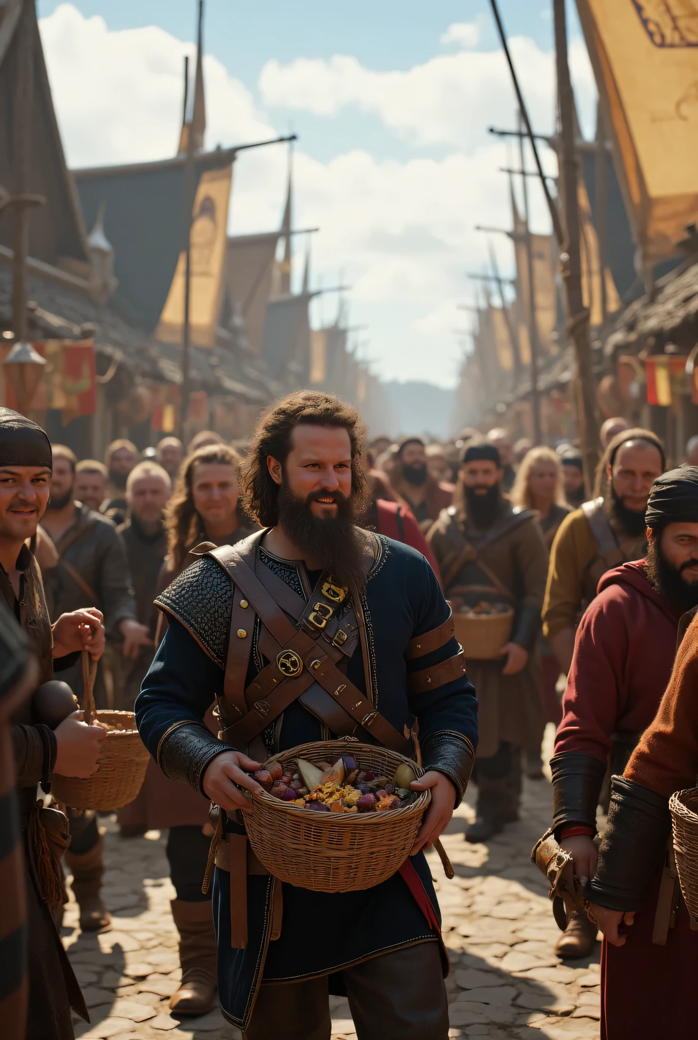 **Prompt:** Create a visually stunning and hyper-realistic panoramic scene using Unreal Engine 5, showcasing a vibrant Viking medieval port landscape. The composition should be symmetrically balanced, featuring groups of smiling Viking pirates joyfully engaging in trade, while carrying baskets filled with realistic trade goods. Emphasize the trading life atmosphere, capturing the essence of a bustling port with intricate details. Implement a cinematic wide-angle shot that provides depth and perspective, with central leading lines drawing the viewer's eye to the heart of the trading activity. Utilize mixed lighting to enhance the mood and ambiance, and ensure lifelike textures and details on all elements, especially the pirates' hands and the goods they carry. Aim for a high level of detail akin to top-tier documentary photography, with a focus on depth of field and ultra-realistic shader effects, resulting in a masterpiece that could grace high-end art platforms like ArtStation or DeviantArt.