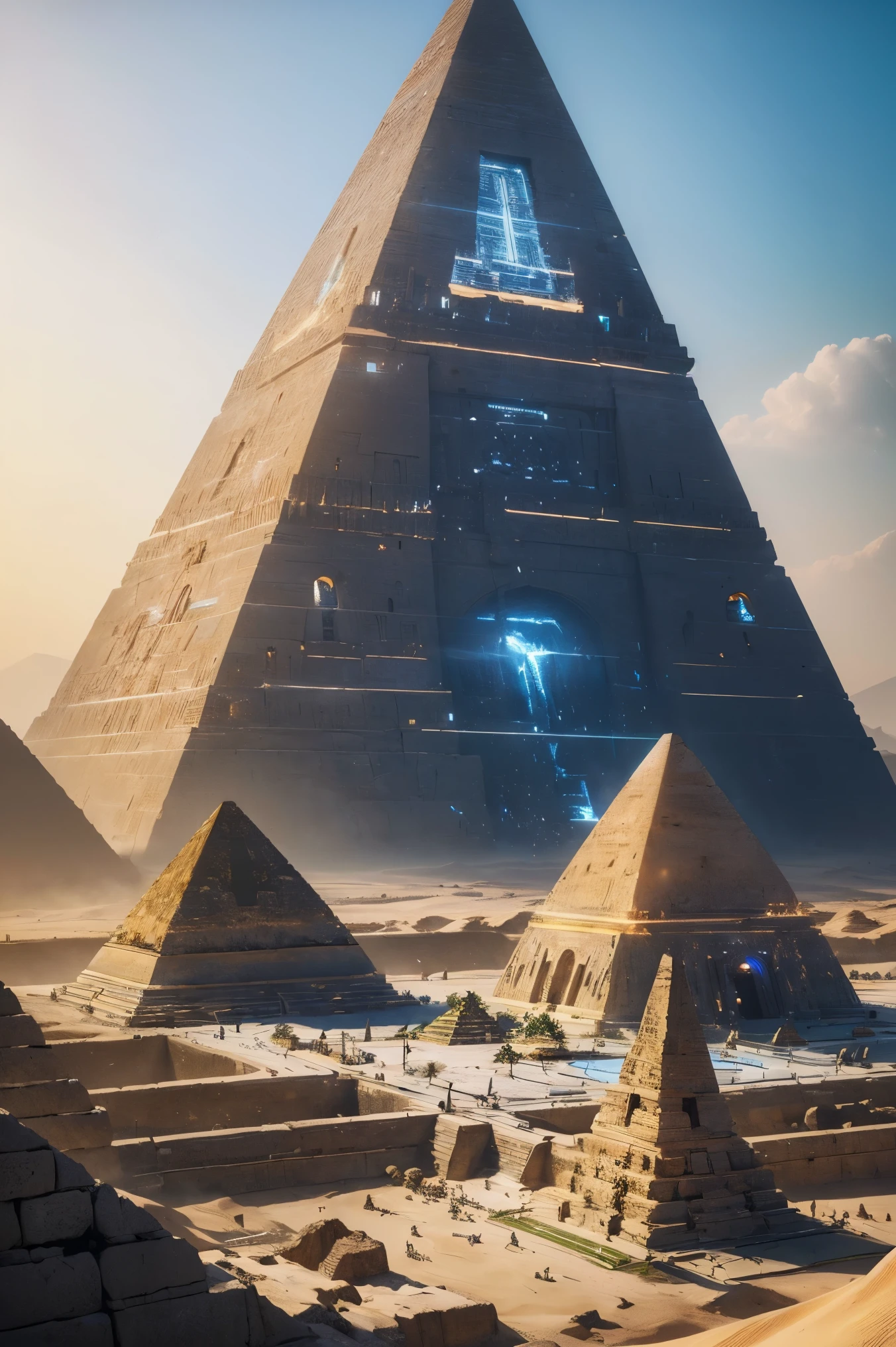 ((top quality、8k、 masterpiece:1.3))、 photo real, sharp concentration, HD , high resolution, portrait, 1 person, woman, beautiful woman, sexy、古代エジプトを歩くエジプトのwoman戦士、Complex technology, Remote Pyramids and Ancient Egyptian Cities、cyber-、 Light and Shadow 、Blue light、