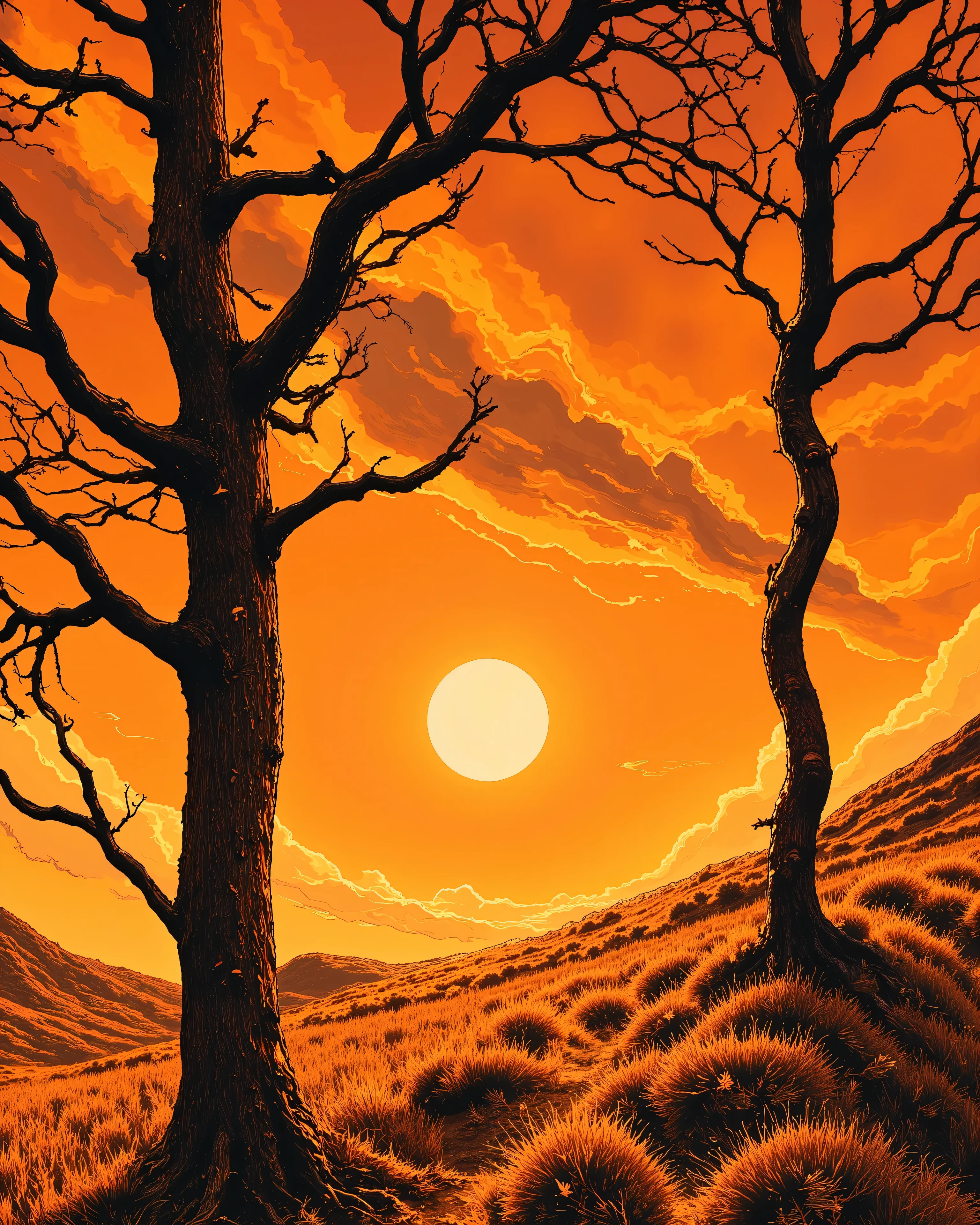 A breathtaking sunset landscape with two leafless trees standing against the glowing orange sky, their intricate branches forming a silhouette. The golden sun is setting between them, casting long, soft rays over the grass. The sky is filled with scattered, wispy clouds reflecting warm hues of orange, red, and yellow. A peaceful, serene atmosphere with distant hills fading into the horizon. Cinematic lighting, ultra-detailed, high resolution, stunning digital painting."