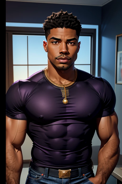 (masterpiece, intricately detailed, highest resolution, best quality:1.2), (doujin), a cocky African American Instagram influencer, buzz cut, a 24 y.o muscle stud with a muscular physique sitting on a chair with black eyes,full-body tattoo, dark-skinned male, clean shaven, wearing a ((mecha suit, catsuit, black panther inspired, chav)), ((excessive cum)) ((cum on body)) (cum drip), flaccid penis,saggy balls,hairy chest,vascular,muscle striations,soft light,fantastic realism, ((wsprmr, zzmckzz))