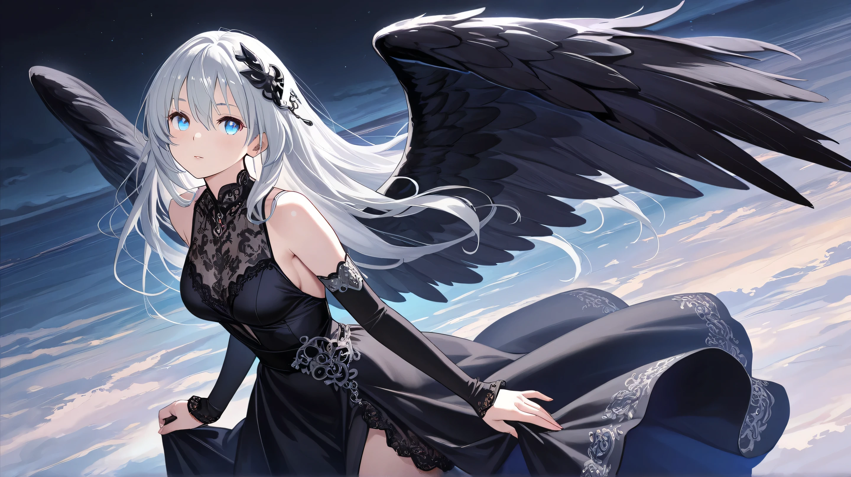 Masterpiece, Best Quality, Top Quality, Very Detailed, A beautiful dark angel with silver hair, deep blue eyes, and majestic black wings. She wears an elegant black lace dress, exuding mystery and allure. Soft glowing light enhances the ethereal, fantasy atmosphere. Highly detailed, semi-realistic art style.
