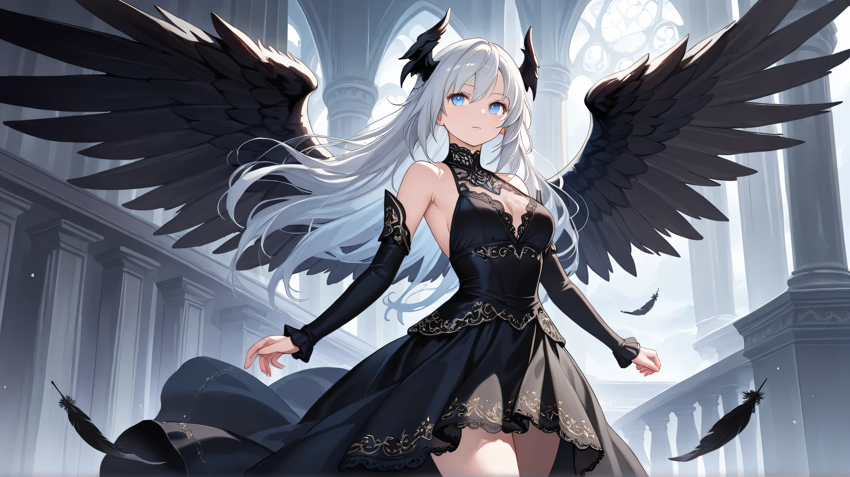 Masterpiece, Best Quality, Top Quality, Very Detailed, A beautiful dark angel with silver hair, deep blue eyes, and majestic black wings. She wears an elegant black lace dress, exuding mystery and allure. Soft glowing light enhances the ethereal, fantasy atmosphere. Highly detailed, semi-realistic art style.