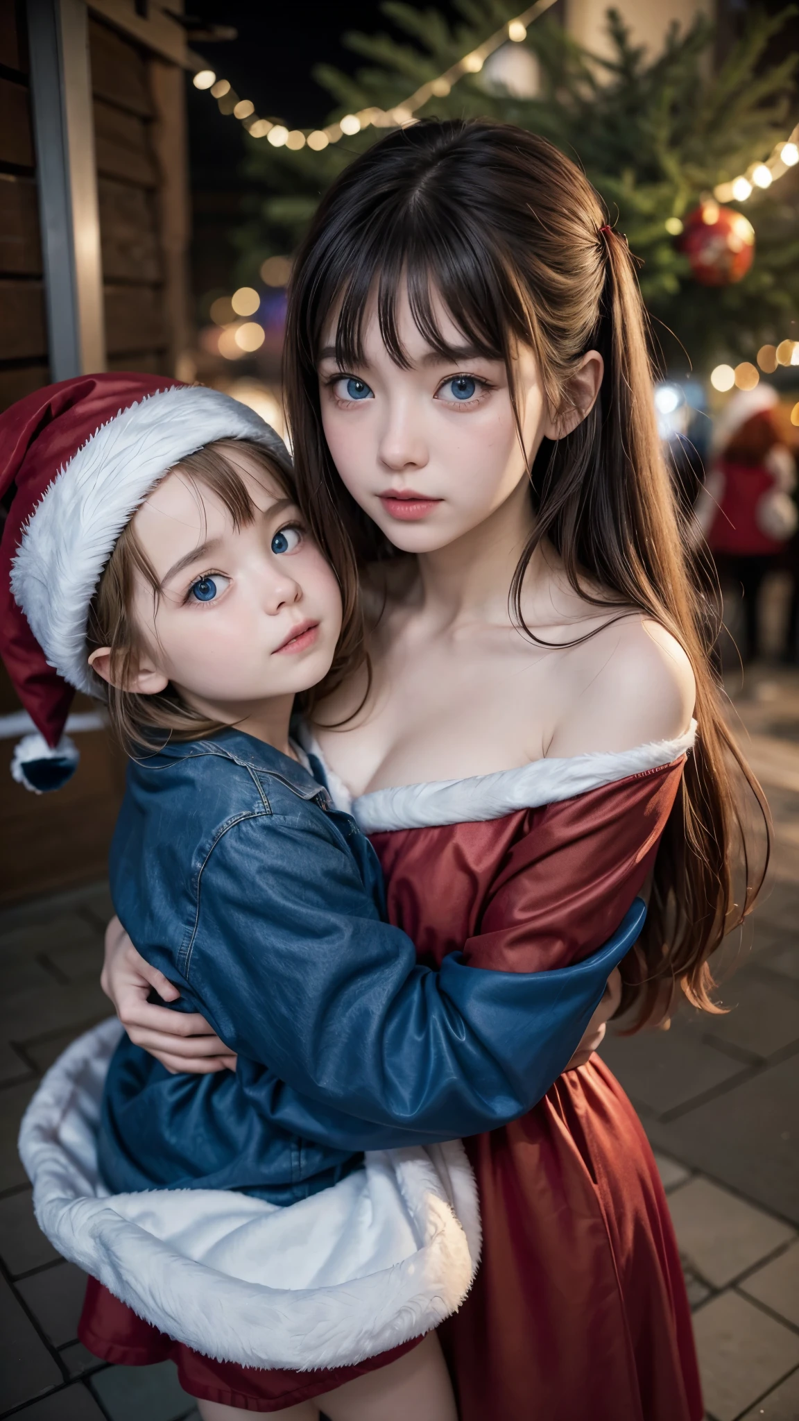Masterpiece, absurd red, 8k, Deep Details, 白人の12歳の姉妹3人 Christmas postcard , pale skin on a street car, blue eyes, Family with long, beautiful straight hair , standing while hugging each other , Santa dress, Christmas postcard , big Christmas tree in the background , colorful presents under the big Christmas tree,