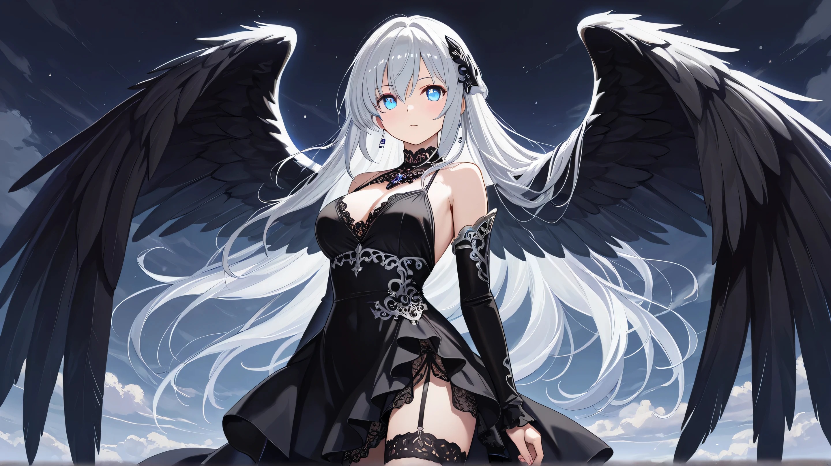 Masterpiece, Best Quality, Top Quality, Very Detailed, A beautiful dark angel with silver hair, deep blue eyes, and majestic black wings. She wears an elegant black lace dress, exuding mystery and allure. Soft glowing light enhances the ethereal, fantasy atmosphere. Highly detailed, semi-realistic art style.