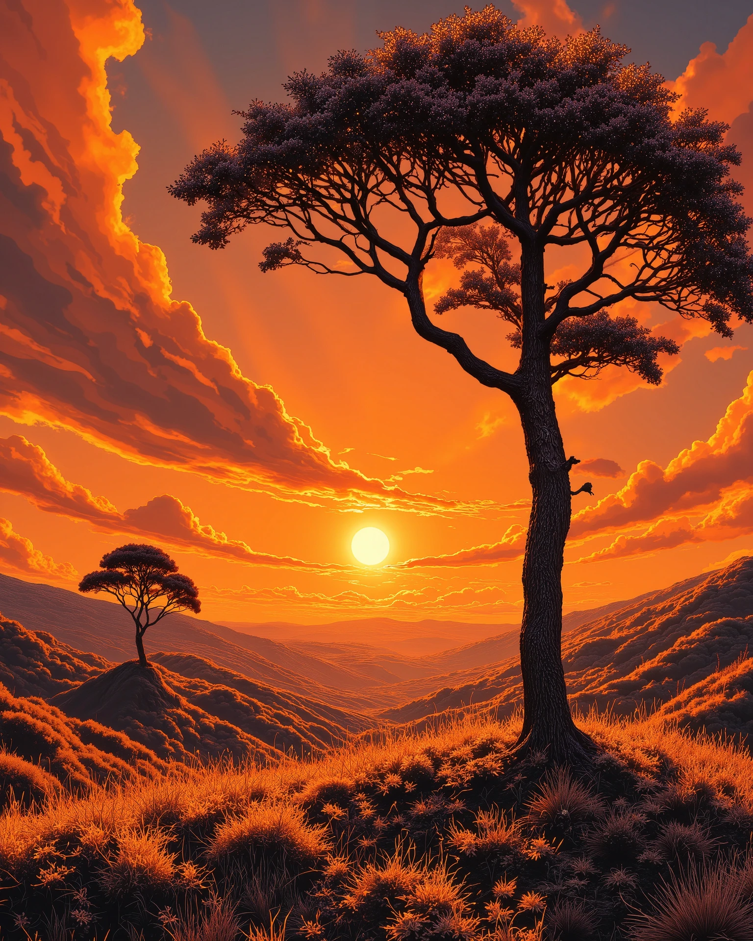 A breathtaking sunset landscape with two leafless trees standing against the glowing orange sky, their intricate branches forming a silhouette. The golden sun is setting between them, casting long, soft rays over the grass. The sky is filled with scattered, wispy clouds reflecting warm hues of orange, red, and yellow. A peaceful, serene atmosphere with distant hills fading into the horizon. Cinematic lighting, ultra-detailed, high resolution, stunning digital painting."