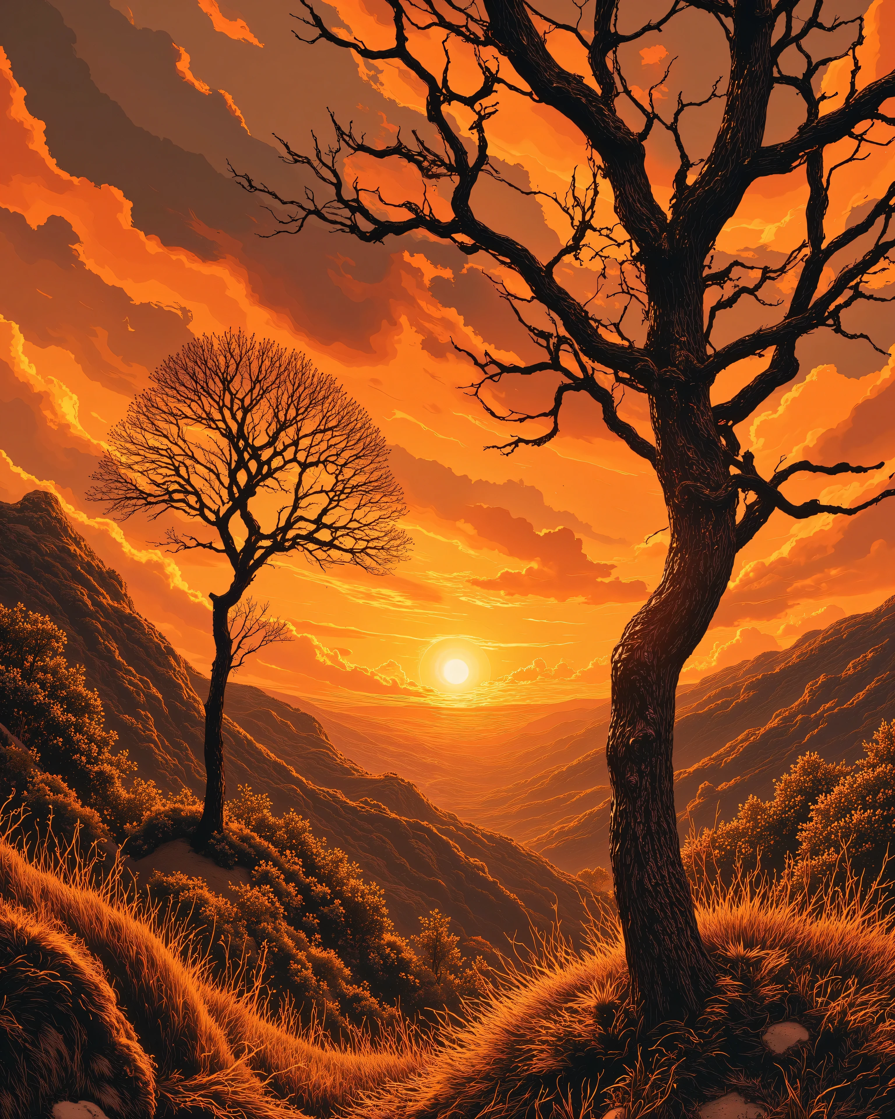 A breathtaking sunset landscape with two leafless trees standing against the glowing orange sky, their intricate branches forming a silhouette. The golden sun is setting between them, casting long, soft rays over the grass. The sky is filled with scattered, wispy clouds reflecting warm hues of orange, red, and yellow. A peaceful, serene atmosphere with distant hills fading into the horizon. Cinematic lighting, ultra-detailed, high resolution, stunning digital painting."