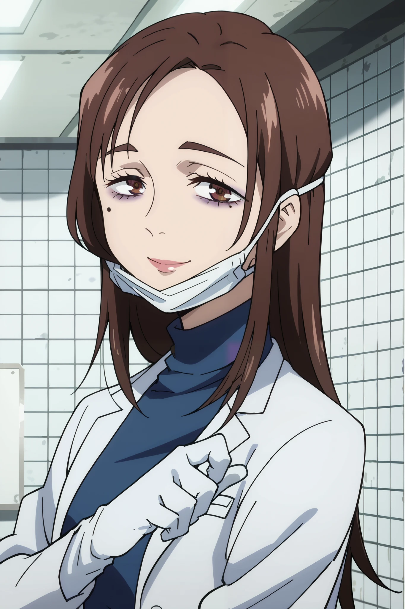 shoko eiri,anime screencap,1girl,solo,mature,mole under eye,lab,bags under eye,labcoat,makeup,turtle neck,smile,looking at viewer, gloves, mask on her face covering it