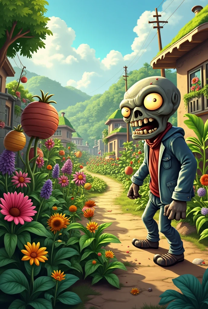 masterpiece, The best quality, highres, 8k, vivid colors, Photography, plantas versus zombies, a rotten zombie invading a garden, Alone, side view, walking with arms outstretched