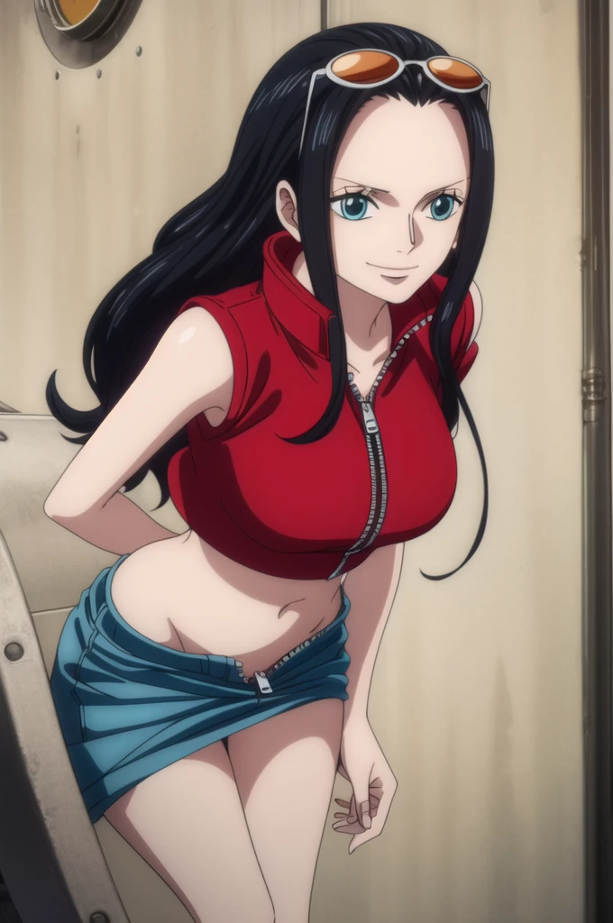 score_9, score_8_up, score_7_up, score_6_up, score_5_up, score_4_up, source_anime, side view, flirting pose, nico_eg, breasts, black hair, 1girl, large breasts, cleavage, long hair, jacket, blue eyes, navel, gloves, underwear, smile,