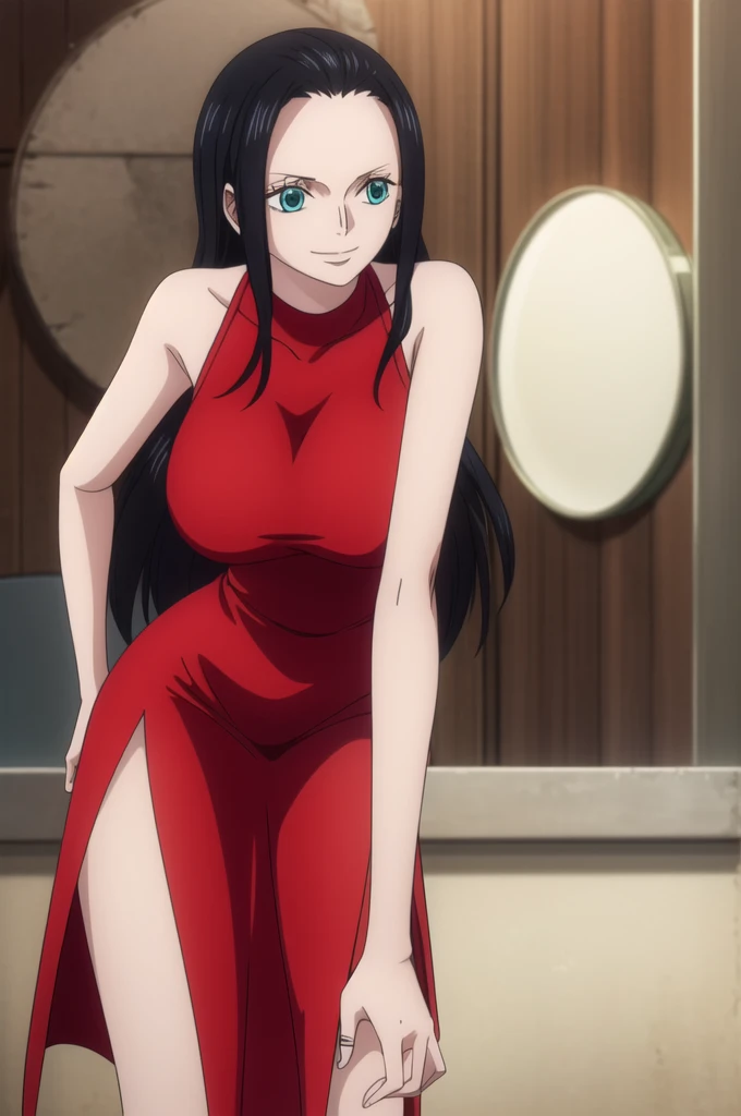 Nico Robin, Slicked back hair, Large Breasts, mature A tight-fitting red and white dress Thigh length Open chest Pearl Necklace Red High Heels Exposing shoulders Long legs Angle from above Spread your legs Champagne glass in one hand Hotel Bedroom blush stare