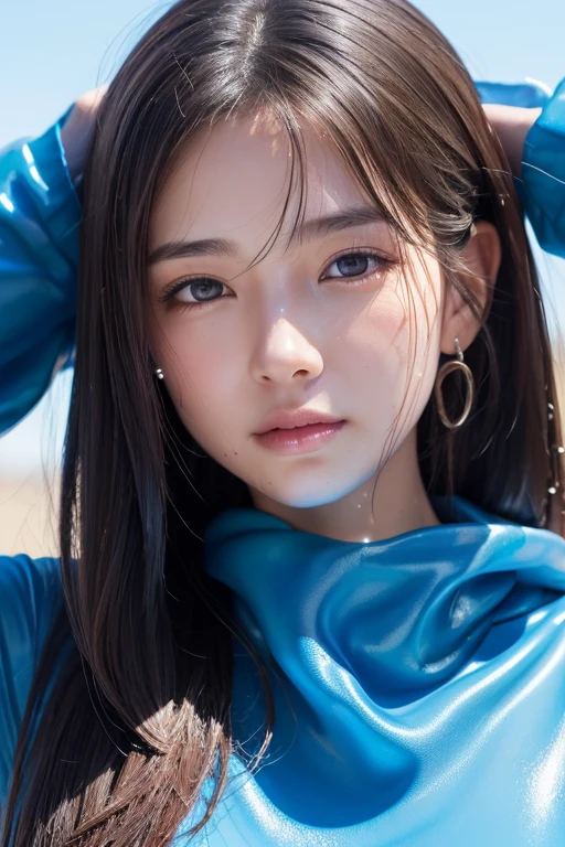 20-year-old woman, Black-haired, high contrast (Natural skin texture, Hyperrealism, Soft Ligh, sharp), high resolution, blue sport wear, pov, blue theme cloth, portrait