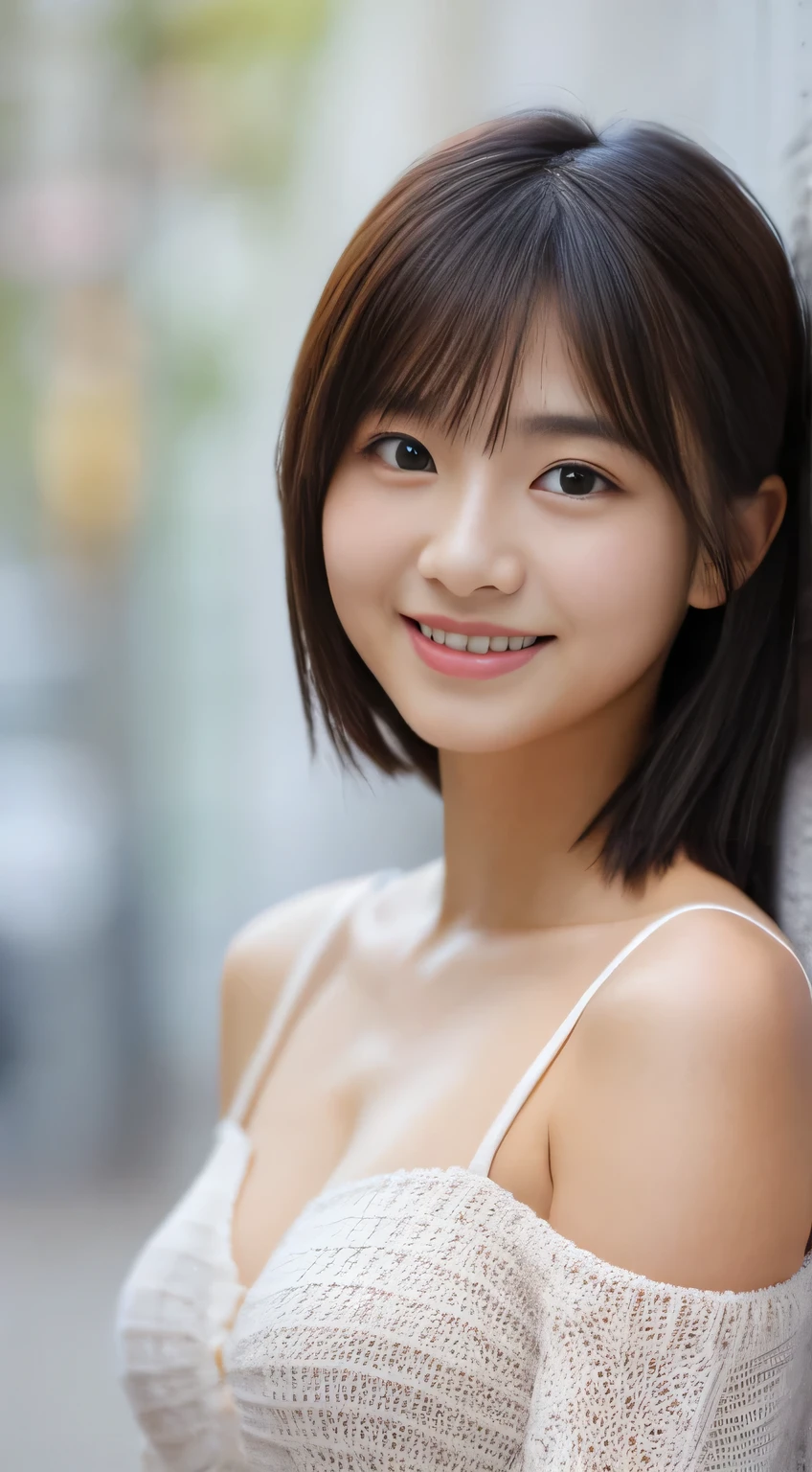 downbrouse、(leaning-forward:1.3)、(oversize tshirt、Loose-fitting T-shirt、Low Cut T-Shirt:1.2)、(top-quality、8K、32K、​masterpiece)、(Detailed bra)、japanes、22year old、Very pretty girl、large full breasts、a beauty girl、crouching down、Bright smile、outside of house、shinny skin、blurry backround、short-cut、Upper body close-up、Shot from above
