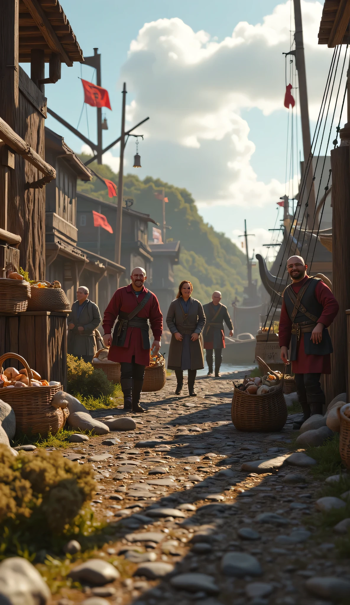 **Prompt:** ancient medieval era, Create a visually stunning and hyper-realistic panoramic scene using Unreal Engine 5, showcasing a vibrant Viking medieval port landscape scenery. The composition should be symmetrically balanced, featuring several of smiling Viking pirates joyfully engaging in trade, while carrying baskets filled with realistic trade goods. Emphasize the trading life atmosphere, capturing the essence of a bustling port with intricately wooden boats details. Implement a cinematic wide-angle shot that provides depth and perspective, with central leading lines drawing the viewer's eye to the heart of the trading activity. Utilize mixed lighting to enhance the mood and ambiance, and ensure lifelike textures and details on all elements, especially the pirates' hands and the goods they carry. Aim for a high level of detail akin to top-tier documentary photography, with a focus on depth of field and ultra-realistic shader effects, resulting in a masterpiece that could grace high-end art platforms like ArtStation or DeviantArt.