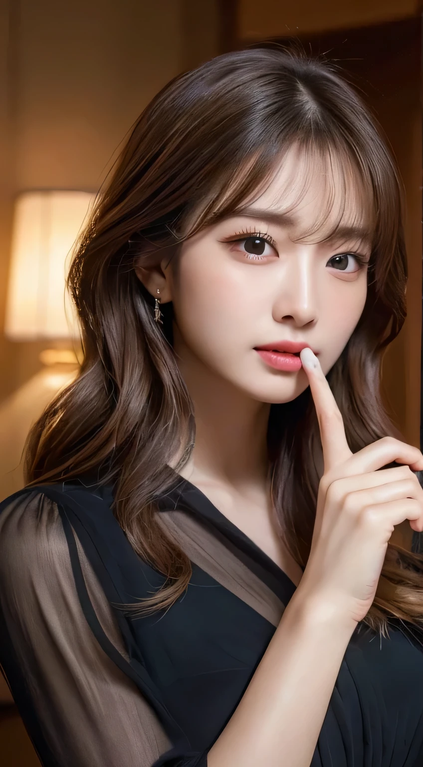 (highest quality,in 8K,masterpiece:1.3),(超A high resolution,Photorealistic:1.4,RAW shooting),(Ultra-detailed,Caustics,Perfect Anatomy),(Ultra-detailed background,Ultra-Realistic Capture,Beautiful and detailed eyes),(finger to mouth:1.1),(gorgeous mini dress:1.1),Stand,Japanese,20-year-old,cute,Upset face,troubled face, luxury hotel, brond wavy hair, Gall,Staring at this, Dynamic Lighting,Photographed from the front,Poses that accentuate the chest,full body, finger to mouth