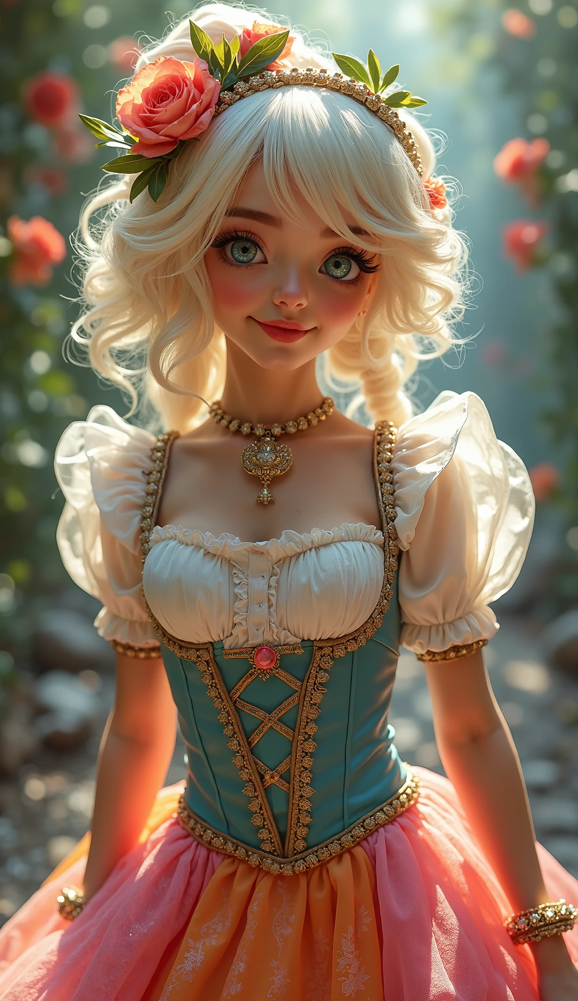 (Alice in Wonderland, sexy, young), (Close-Up Shot), lens flare Lens Whacking effect, hard artificial lighting, Clockwork, (woman) looking away, love expression, whistling, French Braided Crown hair, platinum blonde hair colour, buxom body type, arms by side, burgundy marigold, Midi Skirt, Loafers, caressing ,