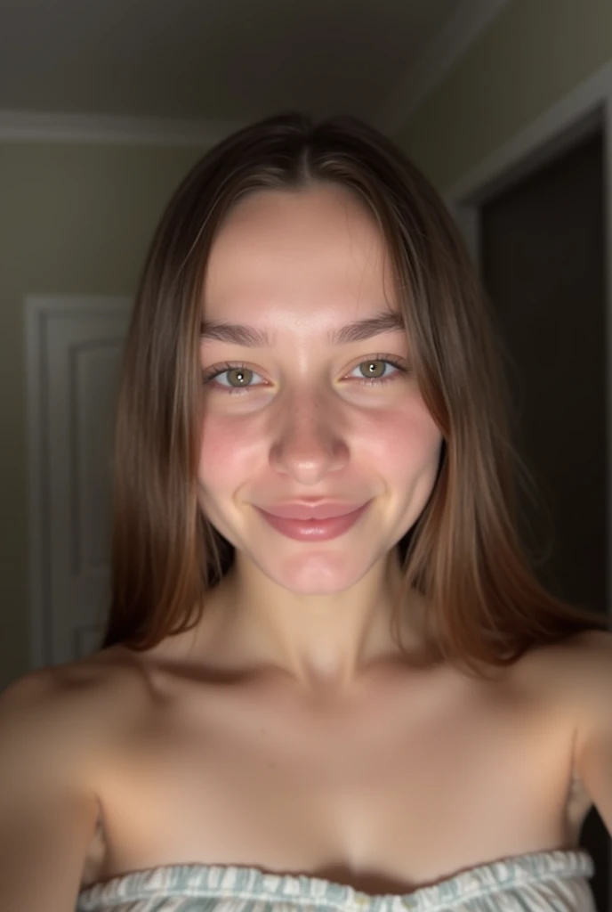 instagram photo, closeup face photo of 23 y.o Chloe in neckline where you can see breasts, cleavage, pale skin, hard shadows