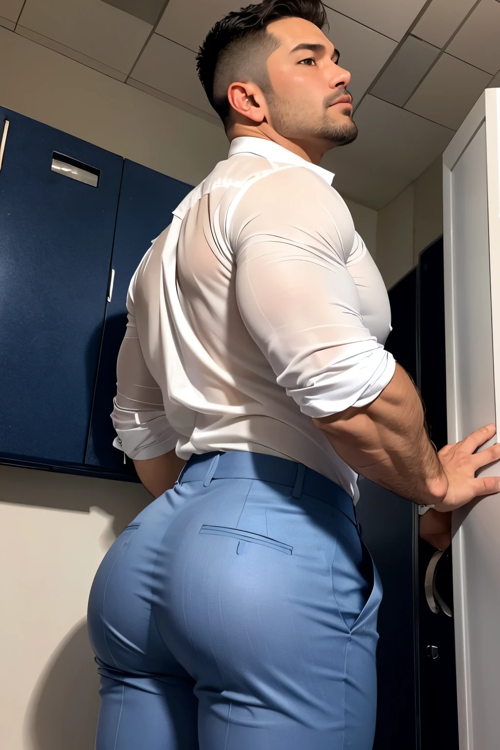 Hunk naughty father wears tight underwear on lunch, bulge of father cock leaning on the table, his son surprised with the father's cock