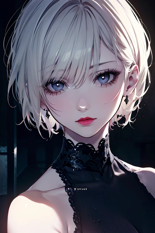 (masterpiece, best quality, solo, intricate details, chromatic aberration), (realistic),(skin), ((breath)),(1girl:1.5), (((short silky hair, white hair, purple eyes))), (medium breasts:1.2), blush, (cheeky smile, parted lips),detailed hair, red head ornament, blue highlights, hair over one eye, small earrings, sharp eyes, choker,((black crop top )),(skirt),open waist,(symmetry eyes),(perfect symmetrical body), night,(((natural light))),backlighting,against grey wall, dim lighting ,look at viewer,((centered shot, from front,(face and waist)))