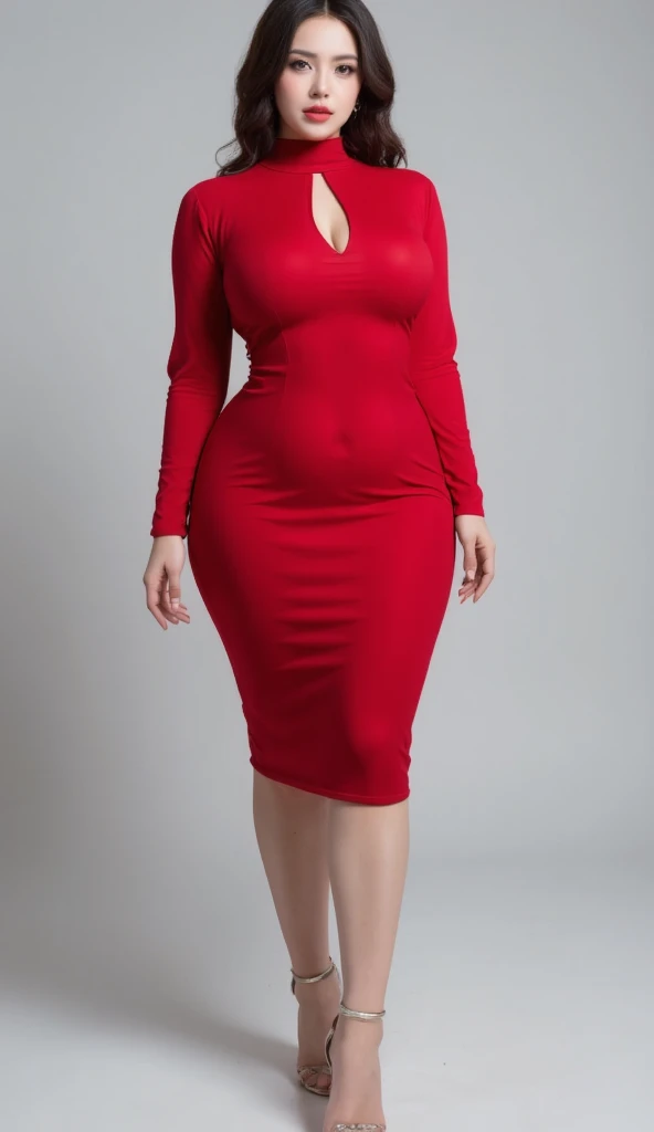 on the street，Fat woman，Very fat，Very fat，Light red clothes (No cleavage),thigh, cosmetic, Outdoor sports, earrings, necklace, High-necked cheongsam, High target Neck Knit Bodycon Skirt，full-body shot，An Asian Japanese woman，18 years old，big eyes，elegant temperament elegant temperament，(masterpiece:1.2, best quality), Practical, (The real situation,20 years old， Intricate details, Depth of Field，High target neck clothes), careful, The content is very detailed, This is a perfect face, Perfect body, Large Model, Mature woman, High target，Black mesh garter stockings，8K,best quality, masterpiece, Ultra-high resolution,(lifelike:1.4), original photo, Stay focused, detailed, dramatic, Exquisite beautiful woman, (tall and straight:1.1),(Fat goddess desetallic high collar,High target collar fitted skirt),half butterfly earrings, double ring necklace, (:1.05), (65 years old, : 1.4),Long curly hair, Dynamic Angle, (Red lips)Beautiful graphics, Pleated Skirt and Fishnet Stockings，High target heel