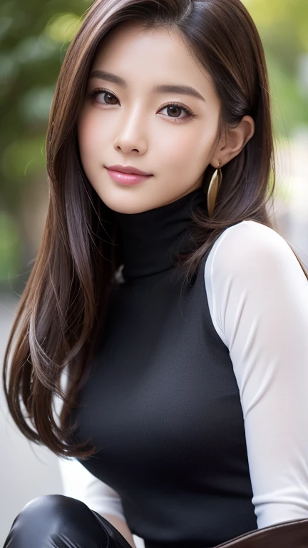 masterpiece, best quality, ultra-detailed, intricately detailed hyperdetailed, realistic, sharp features, highly detailed, sharp focus, (18 years old:1.3), perfect face, perfect symmetrically eyes, perfect full lips, hyper detailed, hyper realistic, high resolution, Fashion Model, Slender, Japanese Idol, brown hair, Stylish, Realistic, Photorealistic:1.3, Beautiful Face, light brown hair, messy hair, Beautiful hairstyle, Neat clothes, (smile slightly), (tight fitting Black tops:1.2),
