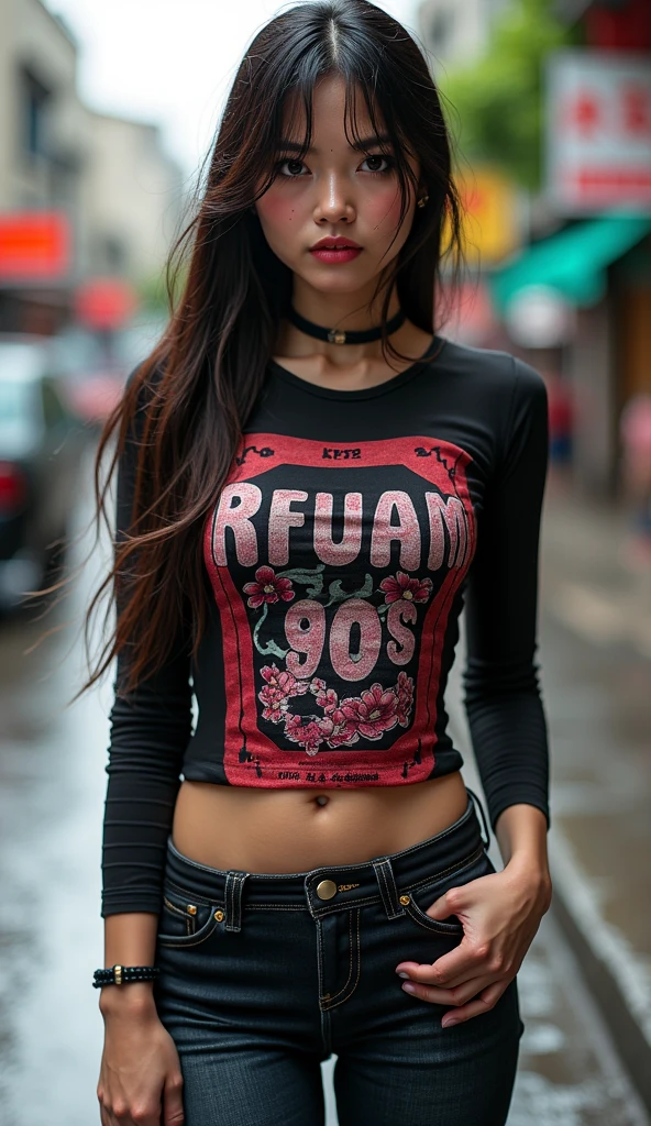 close up photo of a beautiful European female model with long jet black hair((,hair is long and thick and straight)) worn down, fair skin, piercing blue eyes long dark eyelashes pink full lips, a slender curvy figure, and ample breasts, wearing a white teeshirt with paint splatters in pink purpl and green with jeans, posing for the camera, natural lighting, highly detailed, 8k, photorealistic, cinematic, dramatic lighting, vibrant color palette, fashion photography with a white background