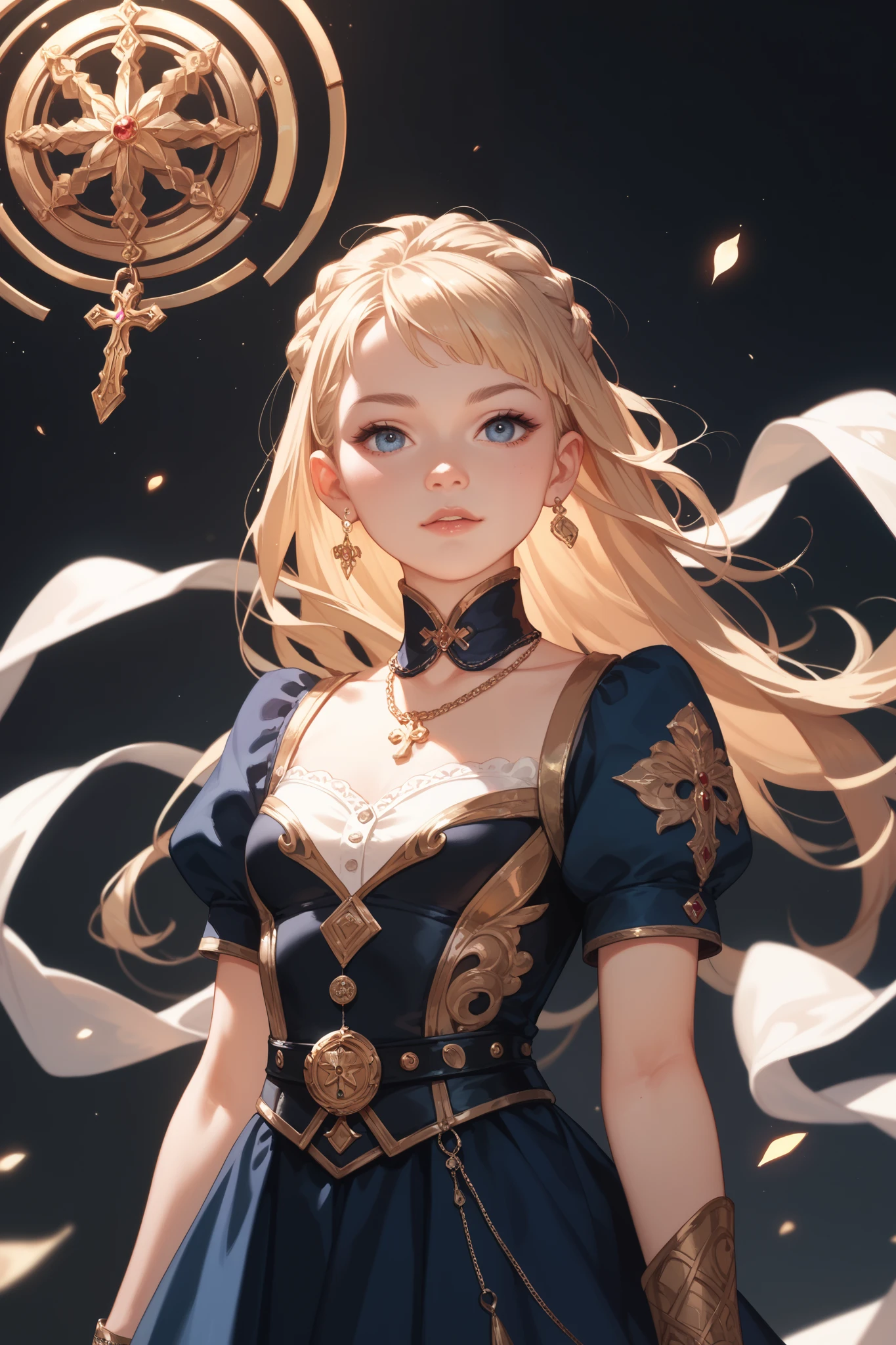 God, top quality, one dignified woman, classy, long (masterpiece) 8K resolution, beatrice, blonde, braided, up, bangs are trimmed, blue beautiful eyes, face without makeup, warm and attractive, black dress with red lines with gold rimm, the whole body is about 170, the body is small is not very good