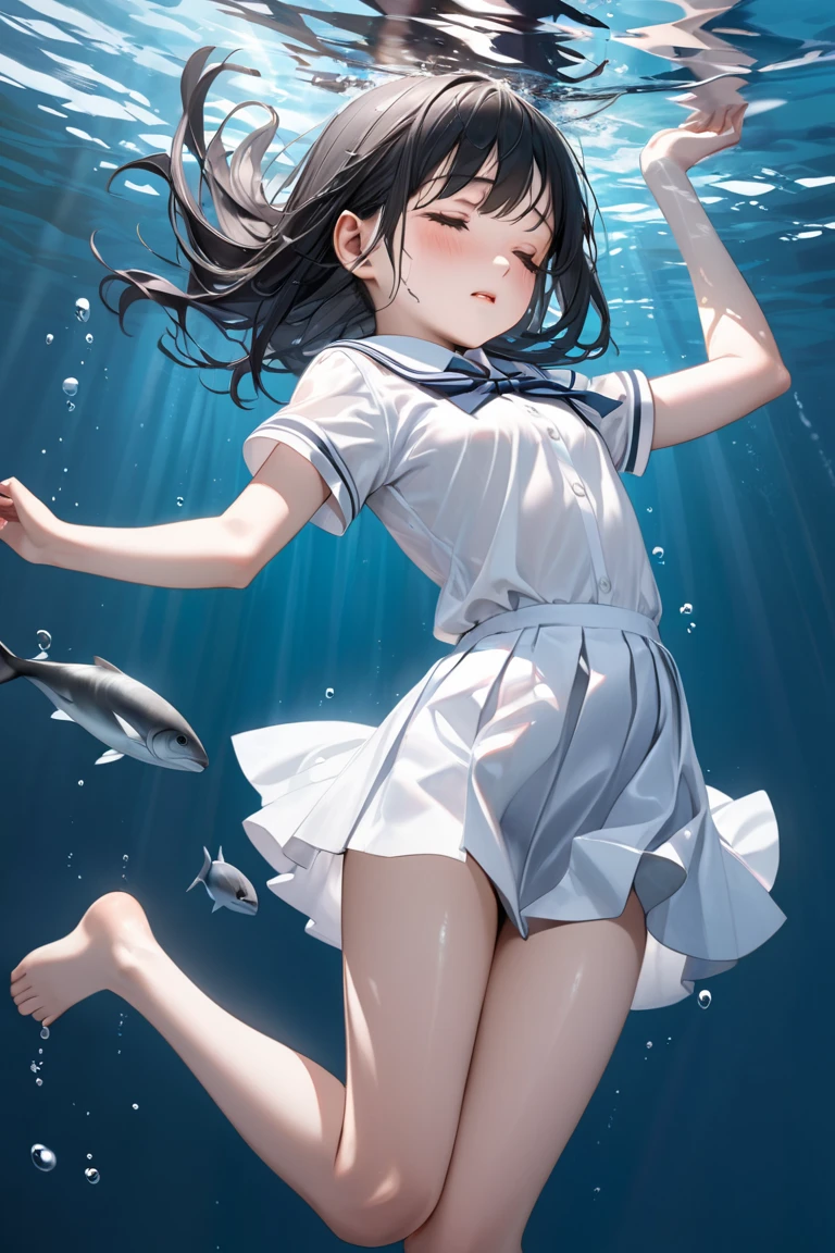 14 year old girl swims underwater。Girl dressed as a penguin。