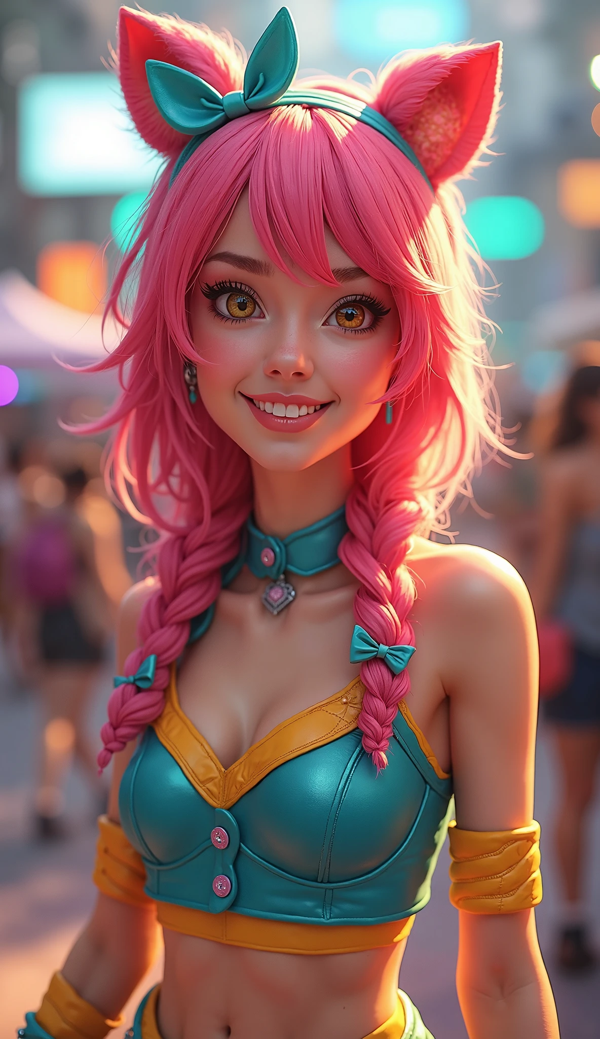 cute redhead woman in twin tails, multiple rainbow colored hair, sky-blue eyes, happy, Ukrainian, petite, pale skin, wearing a green metallic color bikini, post apocalyptic background, bleak barren desert, photo realistic woman. --auto