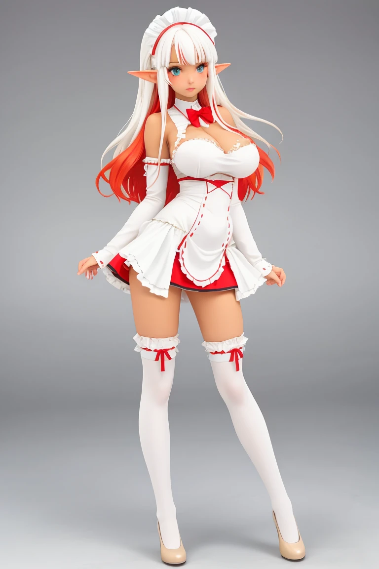 Female, tan skin, heterochromia red/white eyes, perfect split half red hair/half white hair down middle, perfect, full breast,