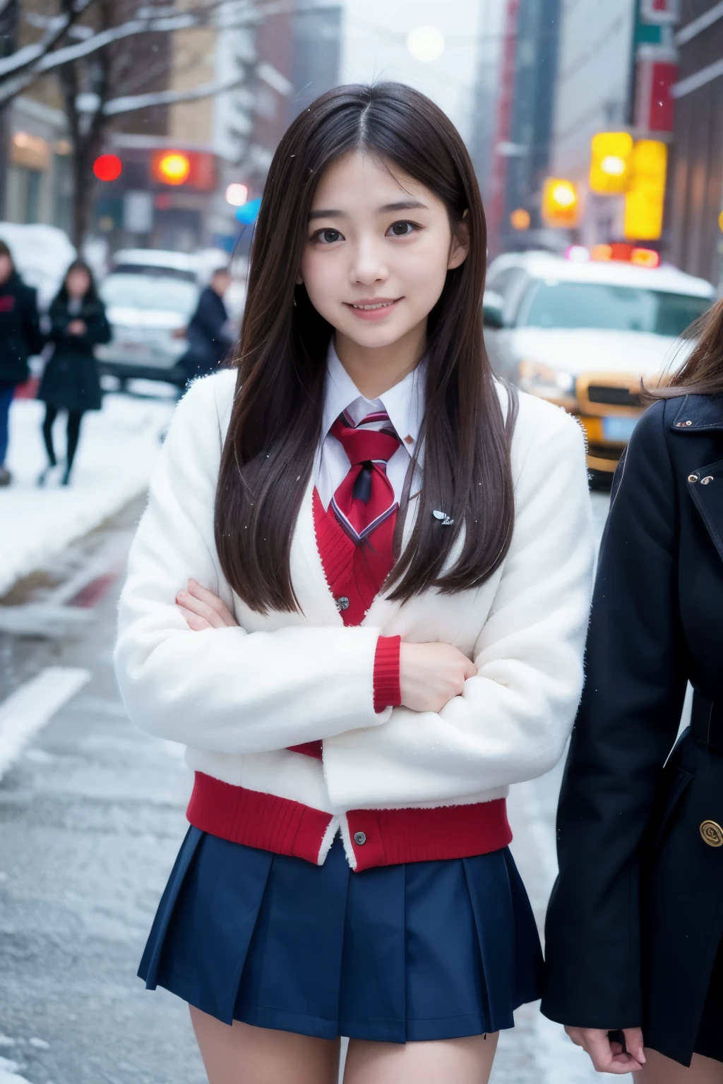 Two girl (20 years old, Japanese pretty face) is wearing high school uniform with at snowy city.