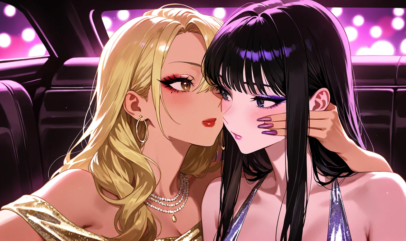 On a colorful stage, several idols are singing and smiling and kissing each other on the cheek